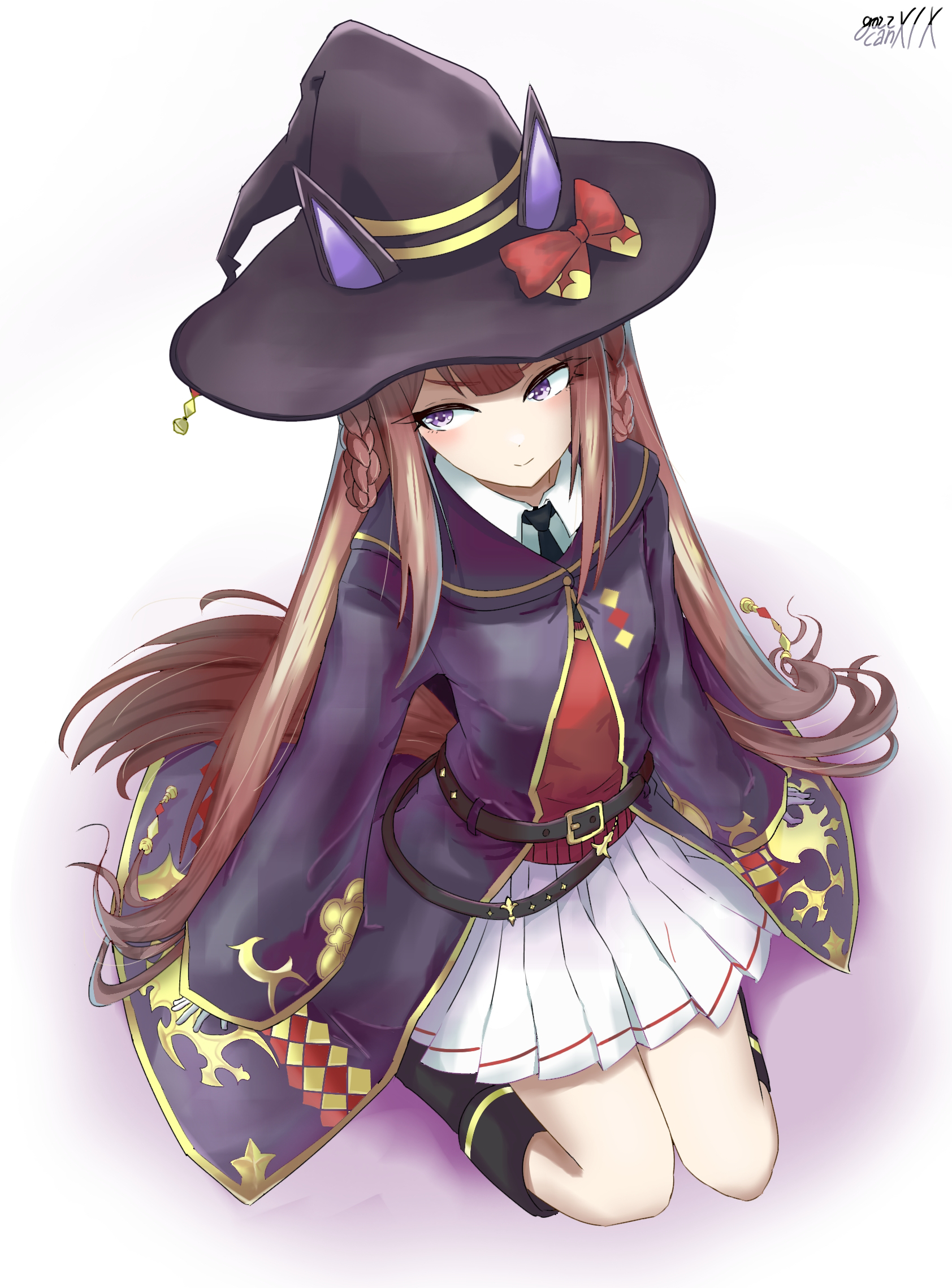 gozz.can, sweep tosho (umamusume), umamusume, commentary request, highres, 1girl, animal ears, artist name, belt, blush, boots, breasts, cleavage, closed mouth, grass, hair between eyes, hair ornament, hat, horse ears, horse girl, horse tail, long hair, necktie, purple eyes, ribbon, seiza, sitting, tail, twintails, white background, witch hat