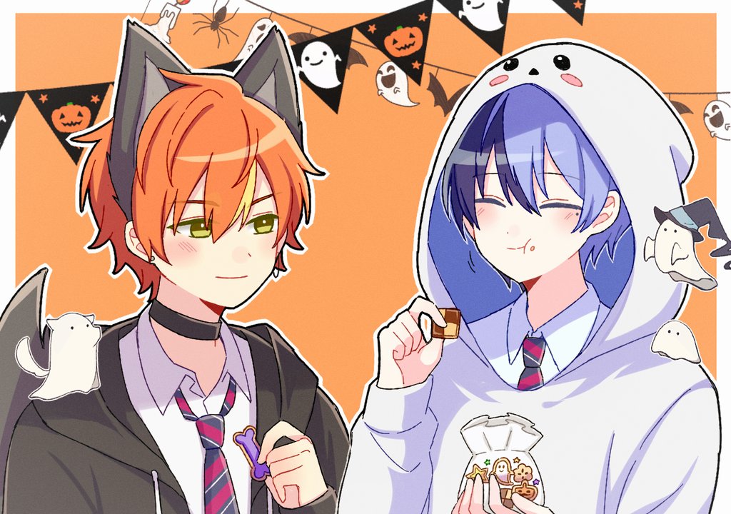 biyo, aoyagi touya, shinonome akito, project sekai, commentary request, 2boys, animal ears, bat (animal), black choker, black jacket, blonde hair, blue hair, bone, border, bug, candle, choker, closed eyes, closed mouth, collared shirt, diagonal-striped clothes, diagonal-striped necktie, drawstring, earrings, eating, fake animal ears, food, food in mouth, food on face, ghost, green eyes, halloween costume, hand up, hands up, hat, hood, hood down, hooded jacket, hoodie, jacket, jewelry, kamiyama high school uniform (project sekai), long sleeves, looking at another, male focus, multicolored hair, multiple boys, necktie, orange hair, outside border, pumpkin, school uniform, shirt, short hair, smile, spider, split-color hair, streaked hair, striped clothes, stud earrings, two-tone hair, upper body, white border, white hoodie, witch hat, wolf ears