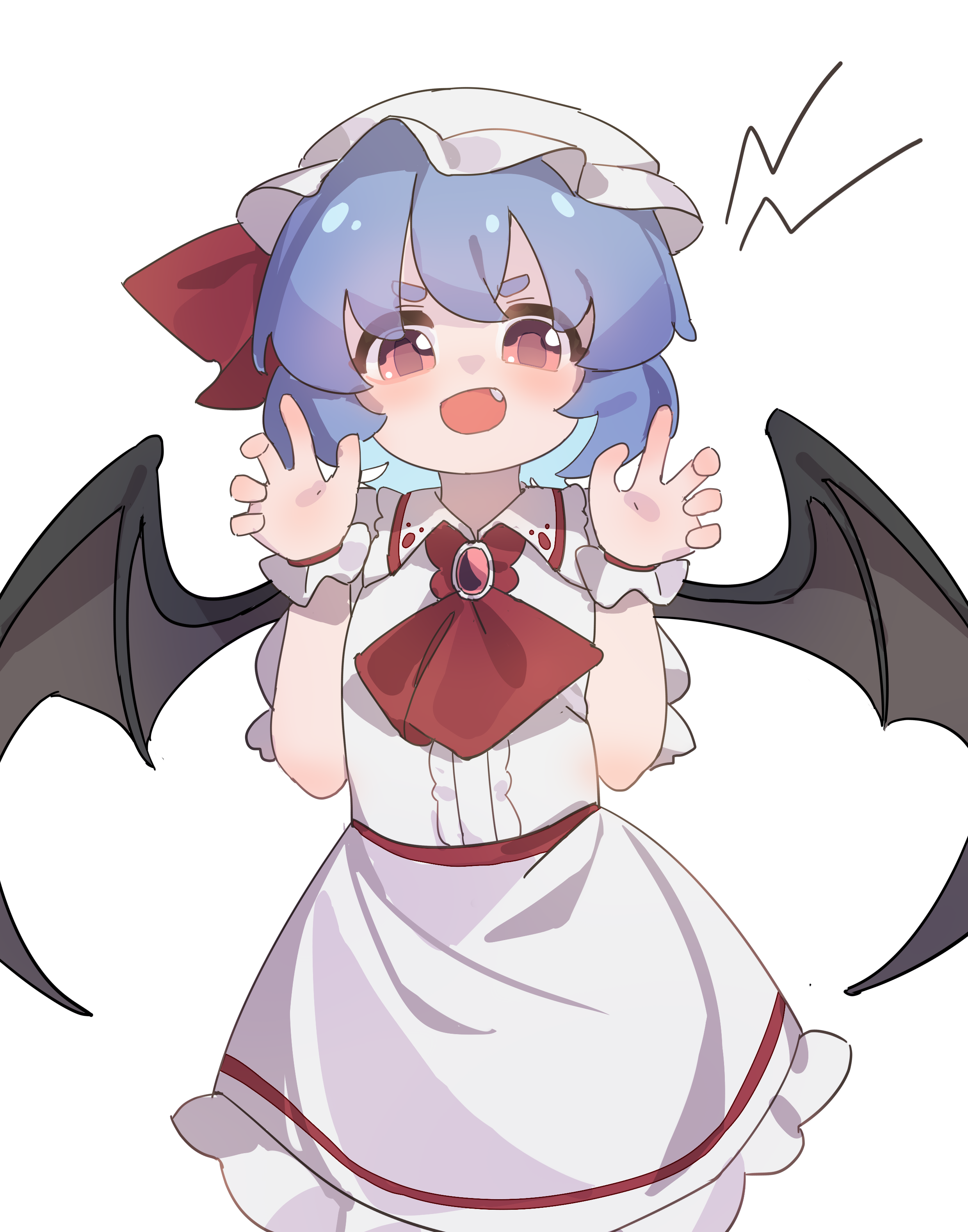gumingdi ban, remilia scarlet, touhou, absurdres, commentary, highres, 1girl, ascot, bat wings, blue hair, blush, claw pose, collared shirt, fang, frilled shirt collar, frills, hat, hat ribbon, looking at viewer, mob cap, open mouth, puffy short sleeves, puffy sleeves, red ascot, red eyes, ribbon, shirt, short sleeves, simple background, skirt, smile, solo, white background, white shirt, white skirt, wings, wrist cuffs