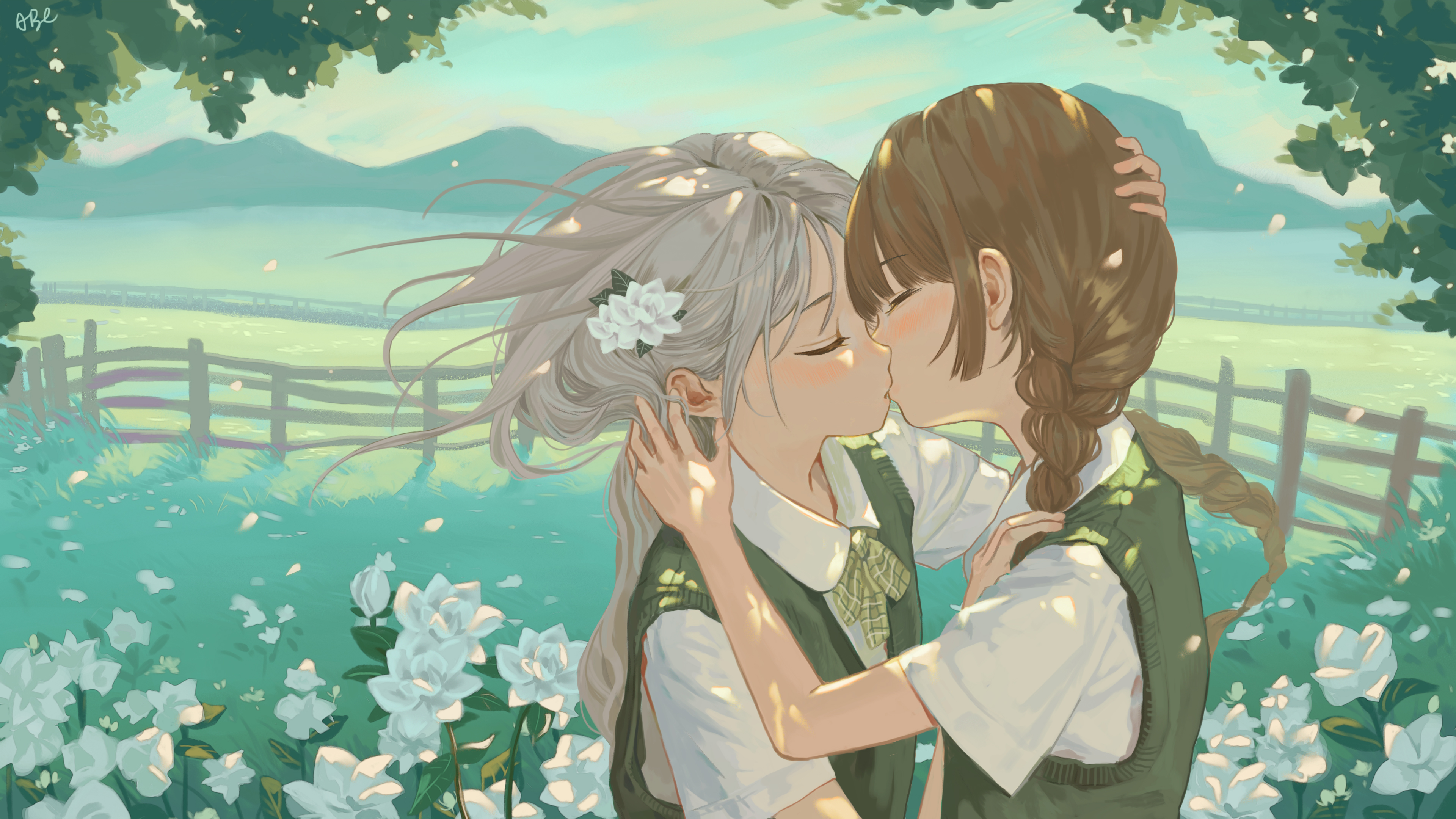 original, absurdres, commentary request, highres, 2girls, blush, braid, brown hair, closed eyes, collared shirt, day, falling petals, fence, floating hair, flower, green sweater vest, grey hair, hand in another's hair, hand on another's shoulder, kiss, kouroul, long hair, mountainous horizon, multiple girls, outdoors, petals, school uniform, shirt, sweater vest, twin braids, white flower, white shirt, wooden fence, yuri