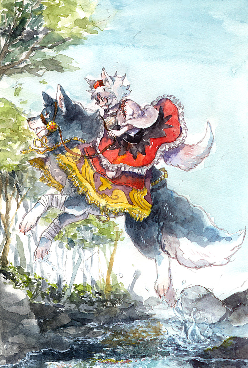 gogo/tad, inubashiri momiji, touhou, highres, traditional media, 1girl, animal, animal ears, cloud, detached sleeves, female focus, full body, hat, outdoors, plant, riding, short hair, sky, solo, tail, tokin hat, tree, white hair, wolf, wolf ears, wolf tail