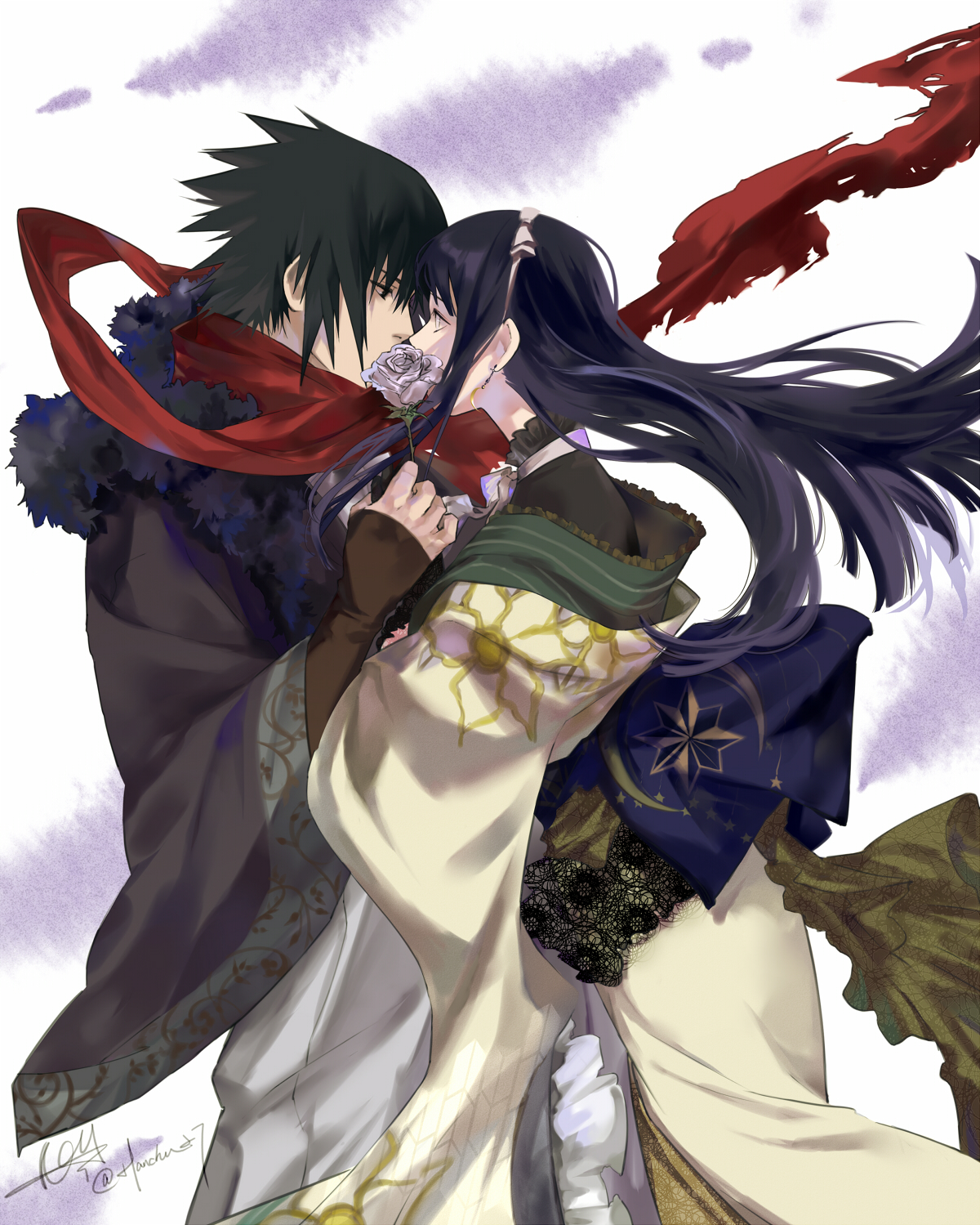 hanchu27, hyuuga hinata, uchiha sasuke, naruto (series), highres, 1boy, 1girl, alternate costume, black eyes, black hair, black shirt, blunt bangs, couple, earrings, flower, grey eyes, grey flower, grey rose, hair between eyes, hetero, holding, holding flower, japanese clothes, jewelry, long hair, looking at another, red scarf, rose, scarf, shirt, short hair, sidelocks, spiked hair, straight hair, twitter username, wide sleeves