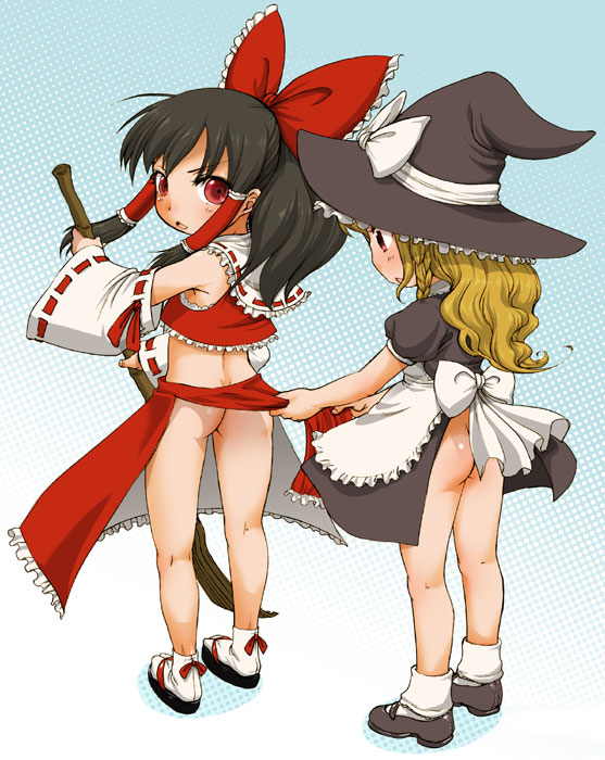 equal (melomelopunch), hakurei reimu, kirisame marisa, touhou, 2girls, ass, blonde hair, bottomless, broom, brown hair, detached sleeves, dress, female focus, halftone, halftone background, hat, japanese clothes, miko, multiple girls, skirt, white background, witch hat