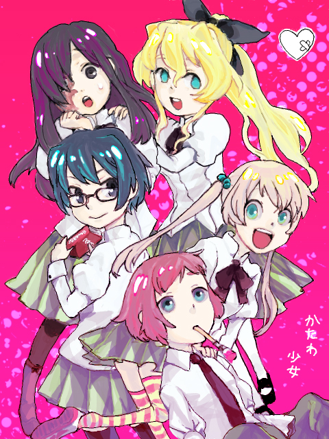 ruryaa, hakamichi shizune, ibarazaki emi, ikezawa hanako, satou lilly, tezuka rin, katawa shoujo, 10s, 5girls, amputee, armless amputee, blind, double amputee, glasses, mouth hold, multiple girls, pantyhose, ponytail, scar, school uniform, striped clothes, striped thighhighs, tegaki, thighhighs