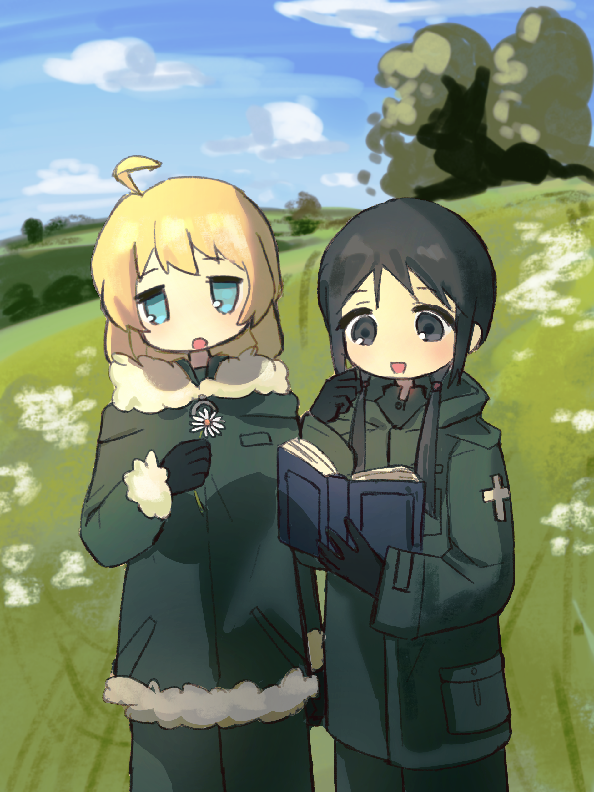 chito (shoujo shuumatsu ryokou), yuuri (shoujo shuumatsu ryokou), shoujo shuumatsu ryokou, absurdres, highres, 2girls, :d, ahoge, biki wanghy, black eyes, black gloves, black hair, blonde hair, blue eyes, book, cloud, cloudy sky, coat, daisy (flower), flower, fur-trimmed coat, fur trim, gloves, grass, green coat, green pants, holding, holding book, holding flower, low twintails, military uniform, multiple girls, open mouth, pants, sidelocks, sky, smile, tree, twintails