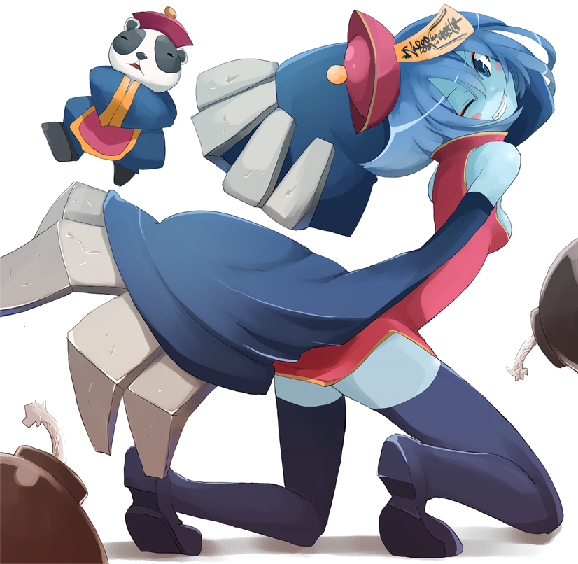 tansuke, hsien-ko, capcom, darkstalkers, 1girl, black thighhighs, blue eyes, blue hair, blue skin, blush, bomb, china dress, chinese clothes, colored skin, dress, explosive, female focus, flipped hair, hat, jiangshi, kneeling, matching hair/eyes, monster girl, one eye closed, panda, qingdai guanmao, short hair, solo, thighhighs, wink