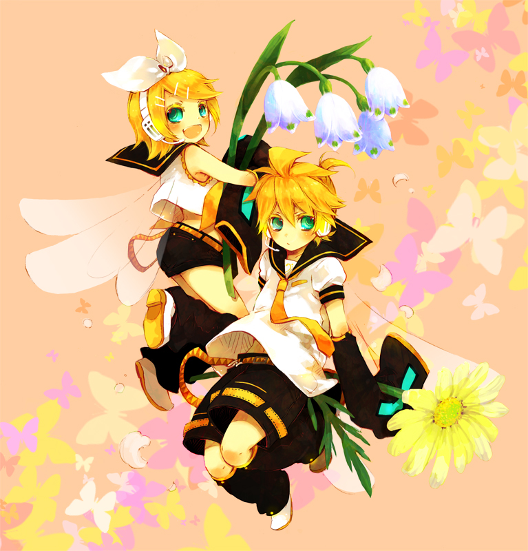 yukkii, kagamine len, kagamine rin, vocaloid, 1boy, 1girl, blonde hair, blue eyes, blush, brother and sister, daisy (flower), detached sleeves, flower, hair ribbon, happy, lily of the valley, necktie, ribbon, short hair, shorts, siblings, snowbell (flower), twins, wings, yellow necktie