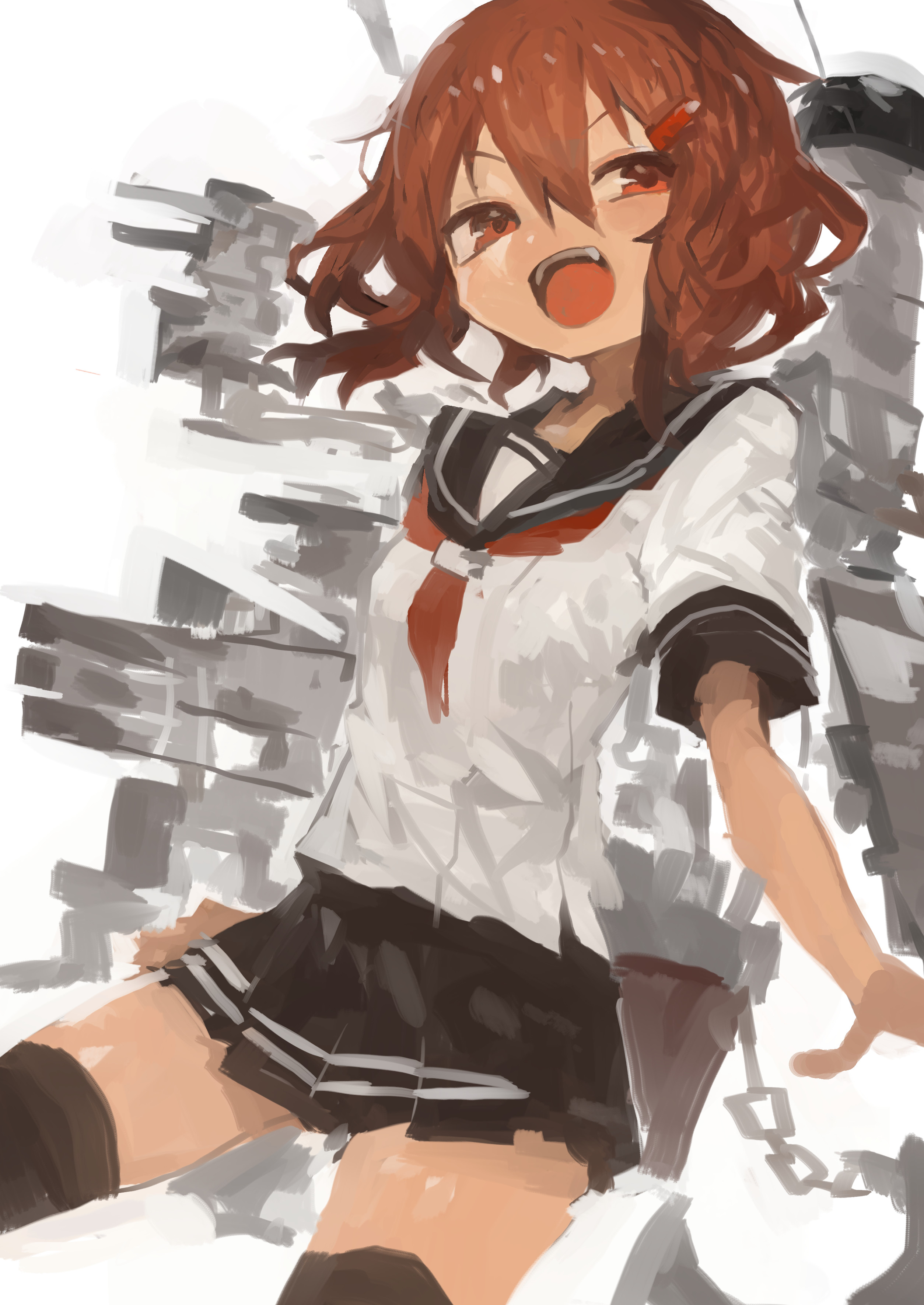kaamin (mariarose753), ikazuchi (kancolle), kantai collection, absurdres, highres, 1girl, :d, anchor symbol, black sailor collar, black skirt, black thighhighs, breasts, brown eyes, brown hair, hair between eyes, hair ornament, hairclip, neckerchief, open mouth, pleated skirt, red neckerchief, sailor collar, school uniform, serafuku, short hair, skirt, small breasts, smile, teeth, thighhighs, upper teeth only, zettai ryouiki