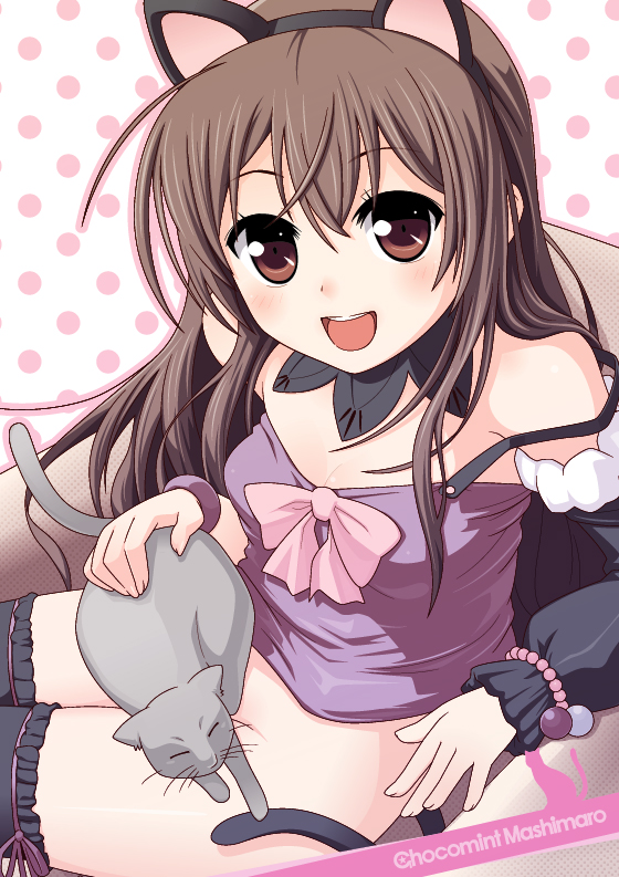 cpu (hexivision), original, bad id, bad pixiv id, animal ears, blush, bottomless, brown eyes, brown hair, cat, cat ears, cat tail, detached sleeves, happy, long hair, no panties, solo, tail, thighhighs