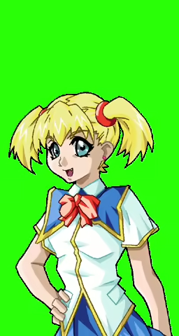 oobari masami, hasumi (angel blade), angel blade, game cg, 1girl, blonde hair, blue skirt, earrings, fang, green eyes, hand on own hip, jewelry, long hair, looking at viewer, open mouth, school uniform, shiny skin, shirt, shy, simple background, skirt, smile, twintails, white shirt, wide hips