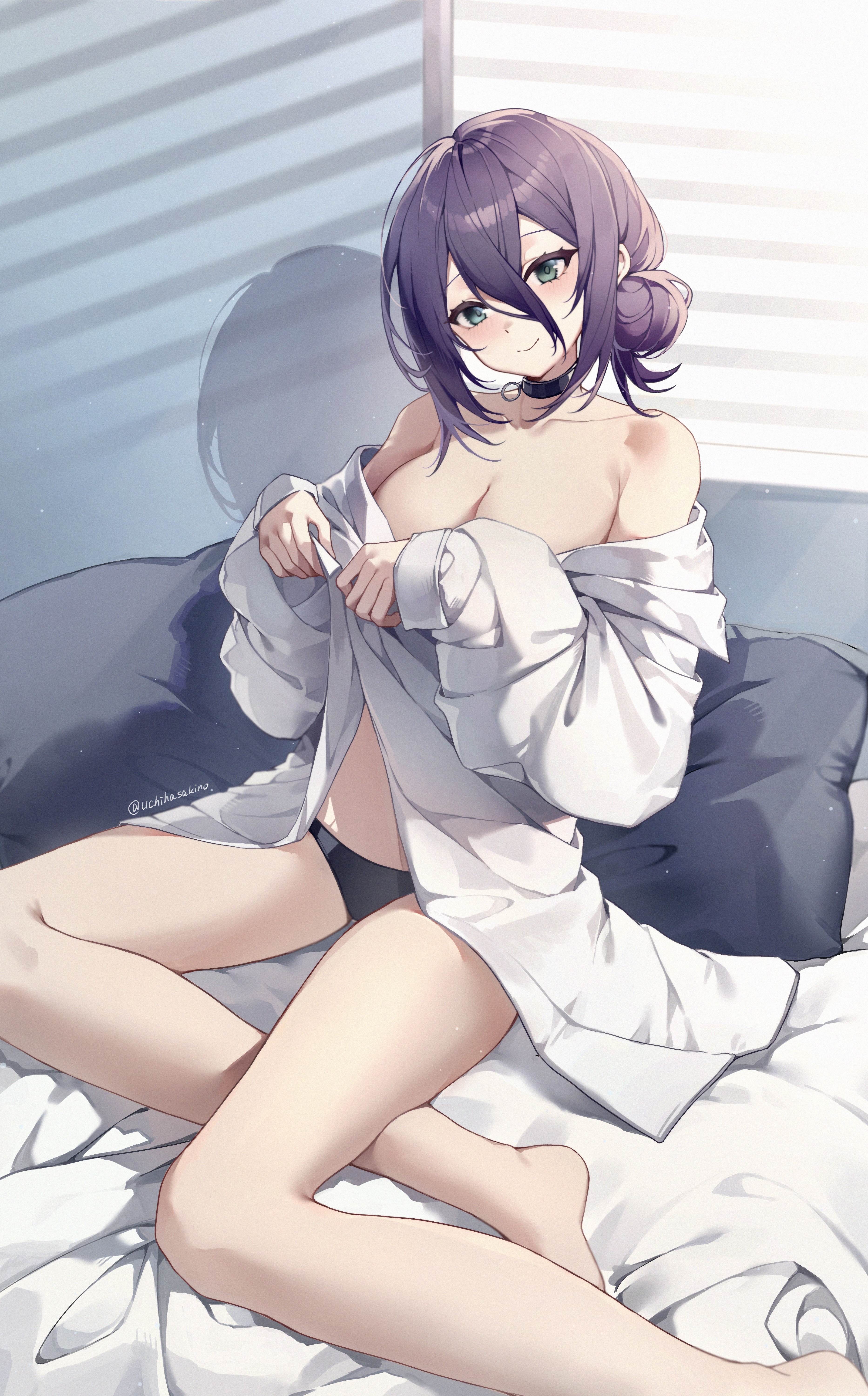 uchihasakino, reze (chainsaw man), chainsaw man, absurdres, commentary request, highres, 1girl, bare shoulders, barefoot, bed, black choker, black panties, breasts, choker, cleavage, dress, green eyes, indoors, large breasts, on bed, panties, pillow, purple dress, shirt, short hair, smile, solo, underwear, white shirt