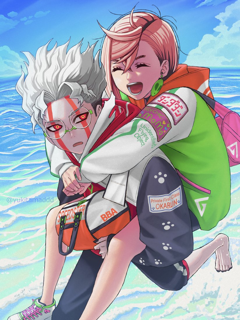 yukitamaddd, ayase momo, takakura ken (dandadan), takakura ken (transformed) (dandadan), dandadan, 1boy, 1girl, arms around neck, bag, barefoot, black choker, black nails, black pants, black shorts, black sleeves, brown hair, carrying, character name, choker, closed eyes, crossed bangs, earrings, facial mark, glasses, hair between eyes, holding, holding bag, hood, hood down, hooded jacket, jacket, jewelry, medium hair, multicolored hair, nail polish, ocean, open mouth, outdoors, pants, parted bangs, parted lips, piggyback, red eyes, round eyewear, running, short hair, shorts, shoulder bag, smile, toenail polish, toenails, twitter username, white hair