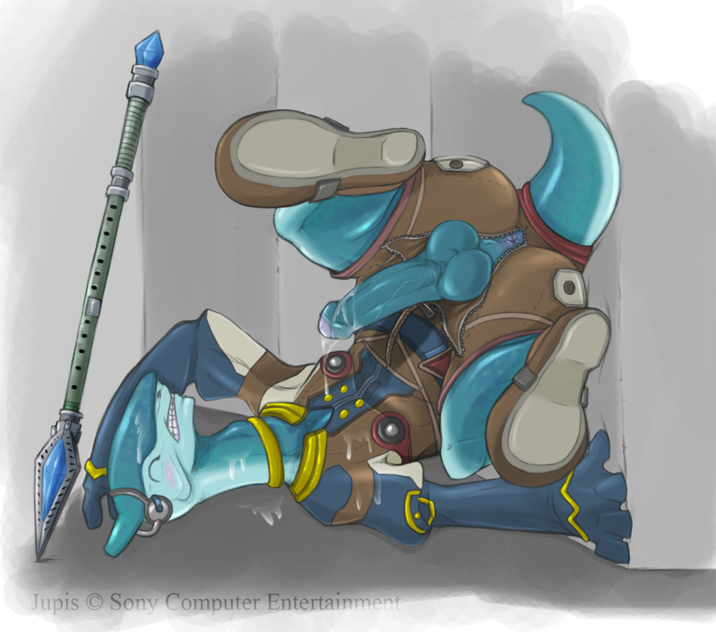 narse (artist), rogue galaxy, anus, blush, clenched teeth, closed eyes, cum, cum on body, cum on clothes, jupis tooki, penis, polearm, spear, tail, weapon