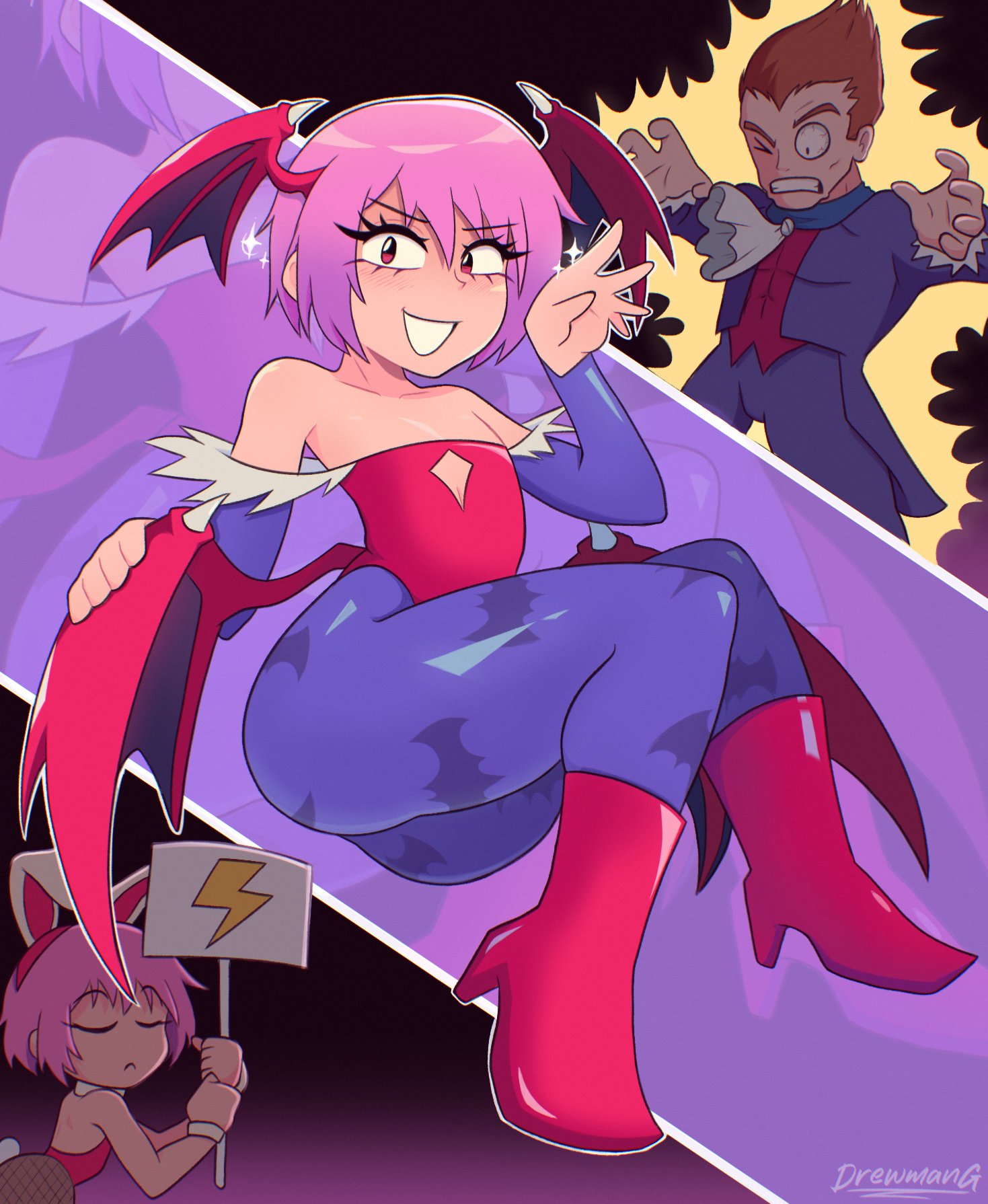 lilith (darkstalkers), darkstalkers, highres, 1boy, 1girl, ass, closed eyes, demon wings, dreaming, looking at viewer, pantyhose, pink hair, short hair, sitting, smile, wings