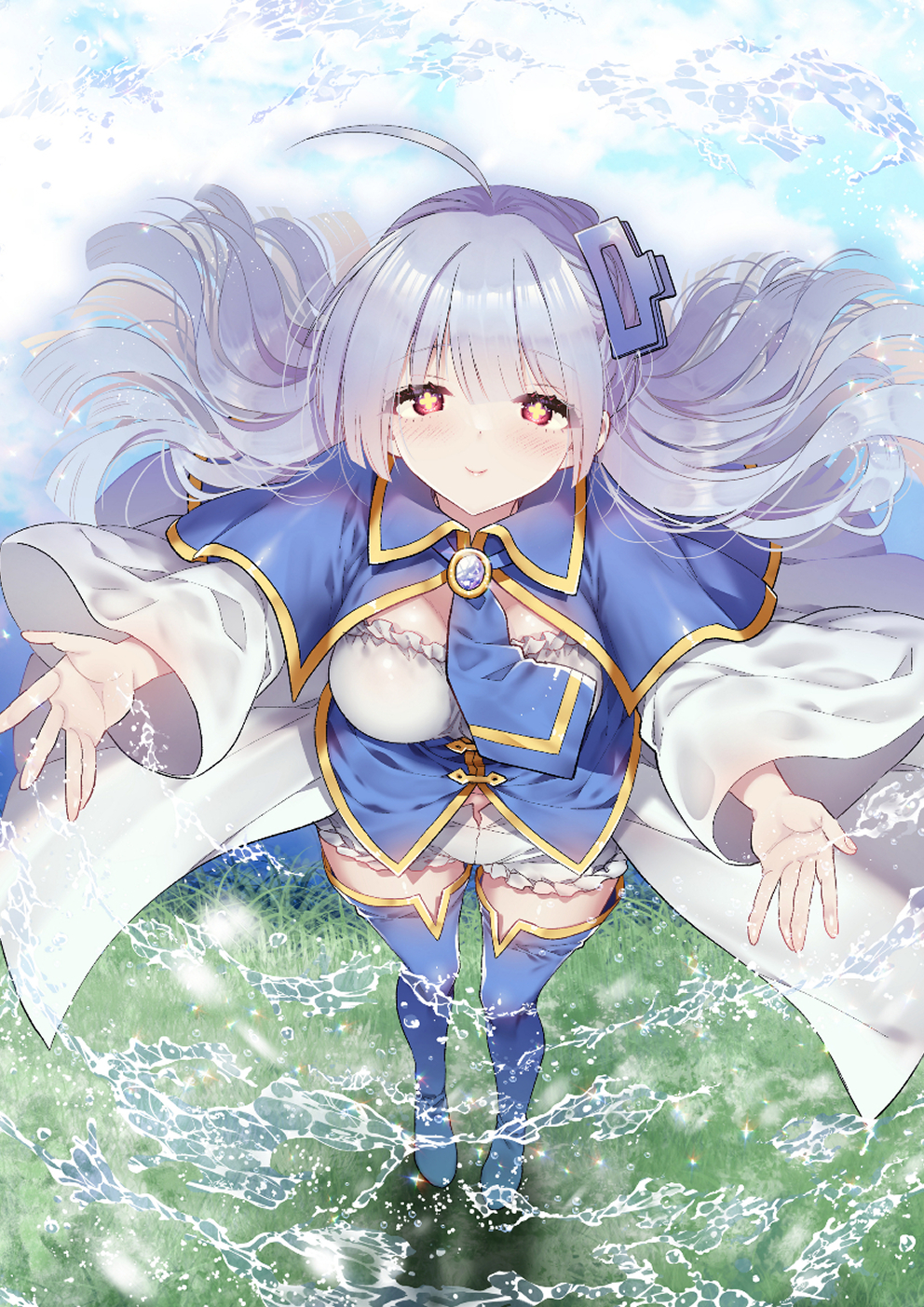 hano haruka, highres, 1girl, ahoge, blue boots, blue necktie, boots, breasts, brooch, closed mouth, cloud, grass, grey hair, hair ornament, jewelry, long hair, mahou wa isekai ni oitekimashita tensai madoushi datta imouto no yowakute new game, mikan (mahou wa isekai ni oitekimashita tensai madoushi datta imouto no yowakute new game), necktie, purple eyes, sky, smile, solo, symbol-shaped pupils, thigh boots, water, wide sleeves