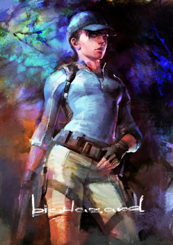 richard michaud, jill valentine, capcom, resident evil, resident evil 5, painting (medium), traditional media, watercolor (medium), 1girl, blue eyes, breasts, female focus, gloves, gun, hat, ponytail, solo, weapon