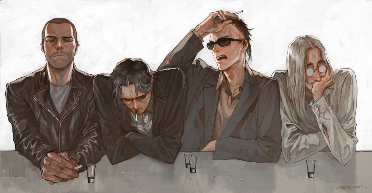 original, 4boys, alcohol, beard stubble, black hair, black jacket, black suit, brown shirt, cigarette, collared shirt, covering own mouth, crossed arms, ctkcave, cup, drinking glass, elbows on table, facial hair, formal clothes, glasses, hand on own head, hand over own mouth, hands on table, holding, holding cigarette, jacket, long hair, male focus, multiple boys, old, old man, parted bangs, parted hair, shaved head, shirt, short hair, simple background, smoking, stubble, suit, sunglasses, table, undercut, whiskey, white background, white hair, white shirt