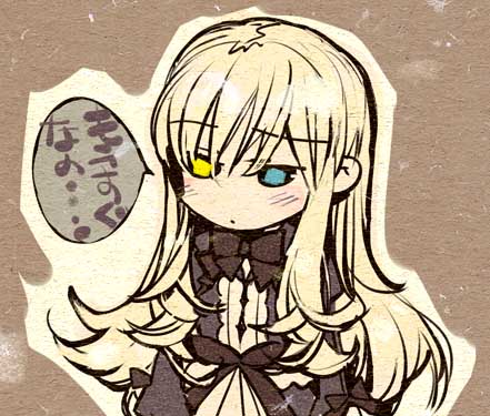 mary clarissa christie, shikkoku no sharnoth, steampunk (liarsoft), lowres, translation request, blonde hair, bow, chibi, heterochromia, solo, waist bow