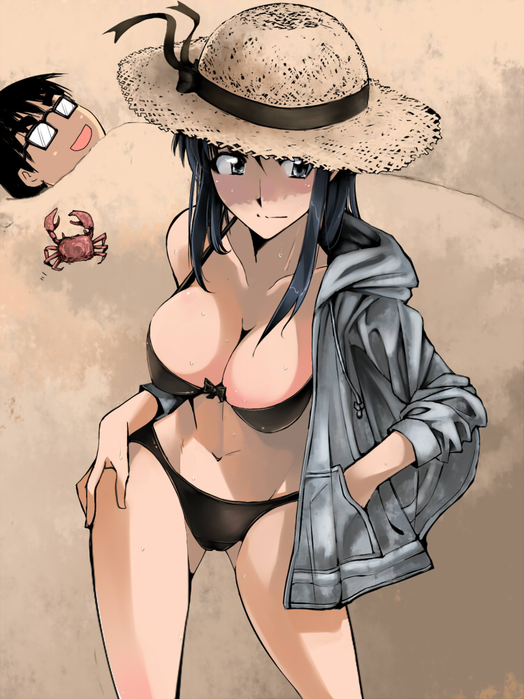 cosaten, hanai haruki, suou mikoto (school rumble), school rumble, 00s, 1boy, 1girl, beach, bikini, breasts, buried, cleavage, crab, crustacean, hat, large breasts, sand, sleeves pushed up, straw hat, sweat, swimsuit