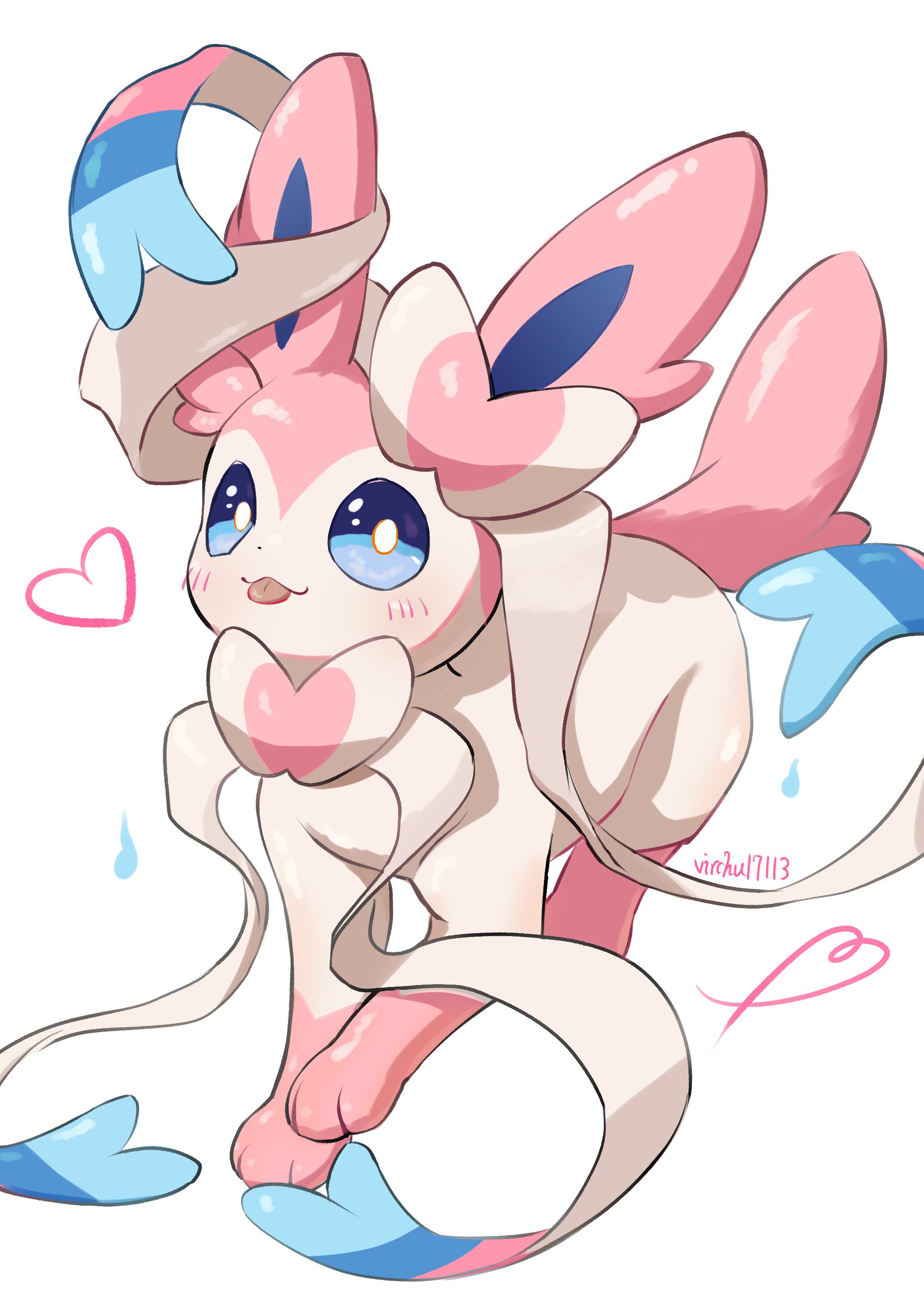 virchu17113, sylveon, nintendo, pokemon, absurdres, highres, animal focus, blue eyes, blue sclera, blush, bow, closed mouth, colored sclera, gen 6 pokemon, heart, looking at viewer, no humans, pink fur, pokemon (creature), pokemon focus, ribbon, simple background, smile, solo, tail, tongue, tongue out, two-tone fur, white fur