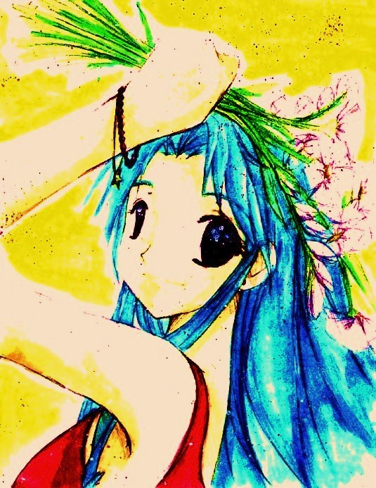 botan (yu yu hakusho), yuu yuu hakusho, painting (medium), traditional media, watercolor (medium), armpits, blue eyes, blue hair, bracelet, flower, jewelry, long hair, red shirt, shirt, smile, solo