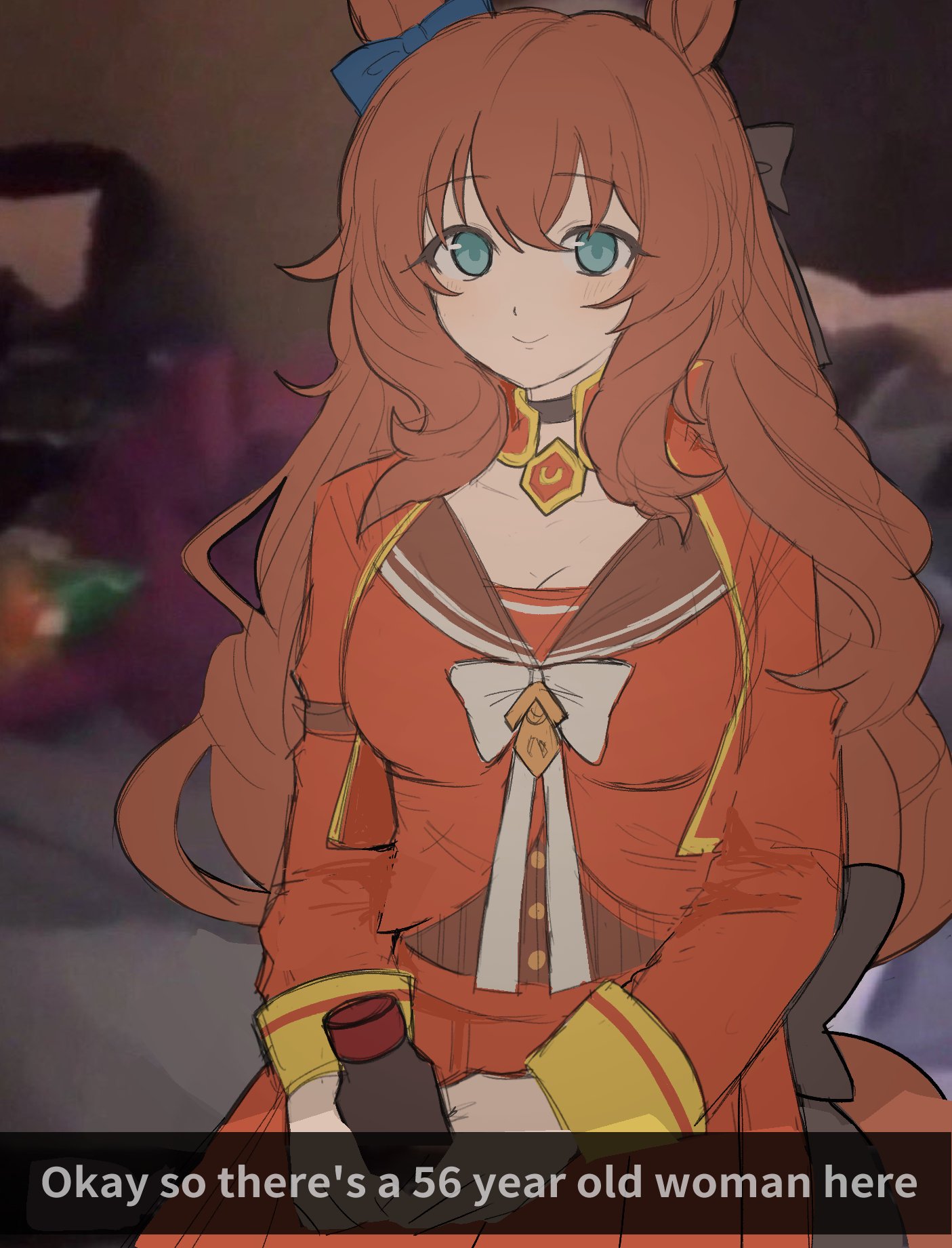 maruzensky (formula r) (umamusume), maruzensky (umamusume), snapchat, umamusume, highres, 1girl, animal ears, blue eyes, blush, bottle, bow, breasts, brown hair, brown sailor collar, choker, cleavage, closed mouth, cropped jacket, ear bow, fake screenshot, green eyes, hair between eyes, holding, holding bottle, horse ears, horse girl, horse tail, jacket, large breasts, long hair, long sleeves, looking at viewer, operajoshi, red jacket, red serafuku, red shirt, red skirt, sailor collar, school uniform, serafuku, shirt, skirt, smile, solo, tail