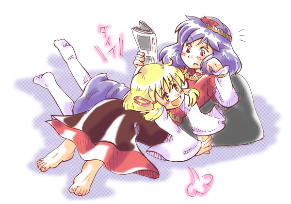 monjyu, moriya suwako, yasaka kanako, touhou, 2girls, barefoot, blonde hair, feet, hair ornament, leaf hair ornament, multiple girls, purple hair, red eyes, rope, short hair, thighhighs, yellow eyes