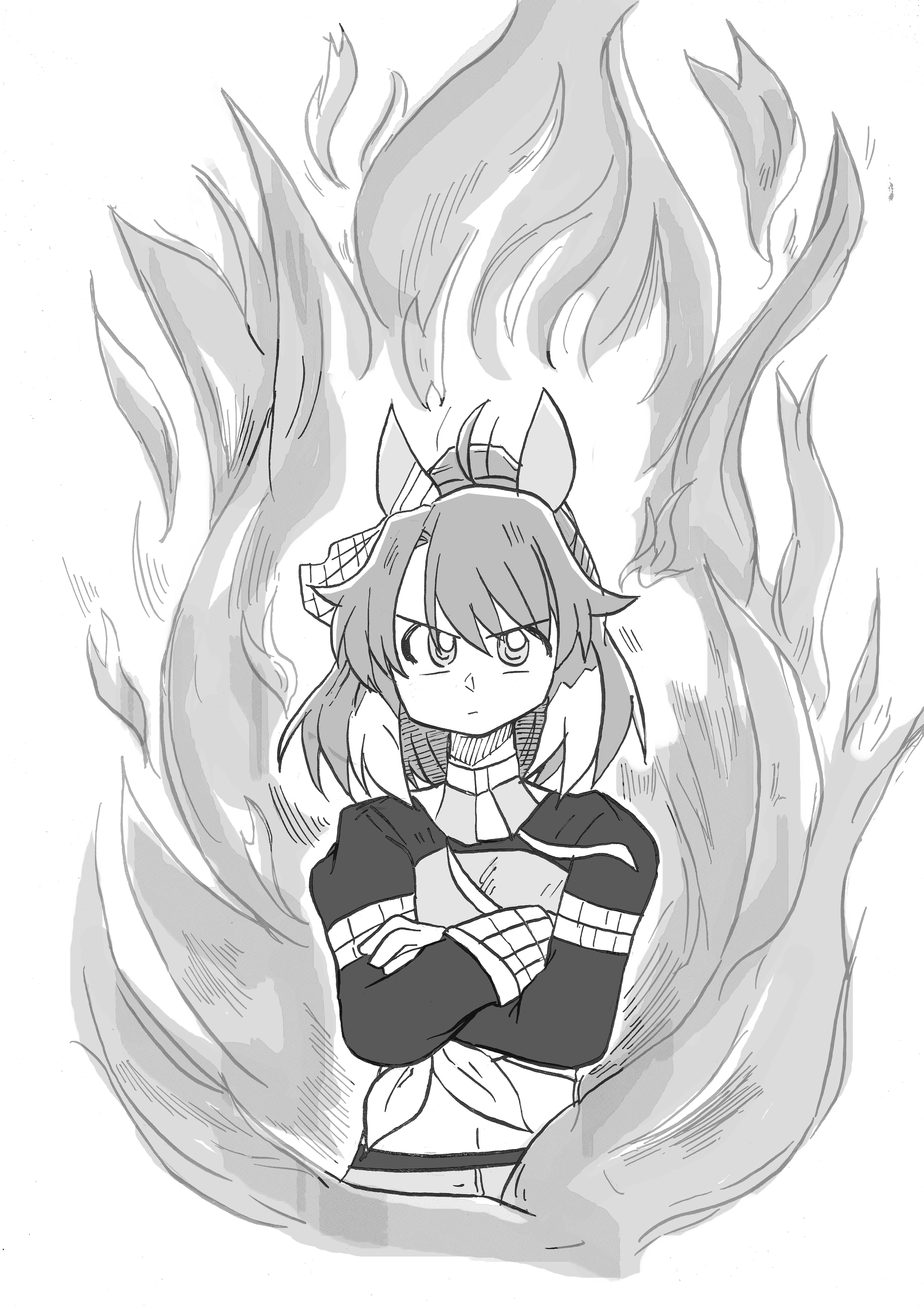 shikararemimi, dantsu flame (center spotlight) (umamusume), dantsu flame (umamusume), umamusume, absurdres, highres, 1girl, ahoge, animal ears, bow, breasts, checkered ribbon, closed mouth, crossed arms, ear covers, ear ornament, ear ribbon, fire, greyscale, hair between eyes, horse ears, horse girl, leggings under shorts, looking at viewer, midriff, monochrome, multicolored hair, navel, shirt, shrug (clothing), solo, tied shirt