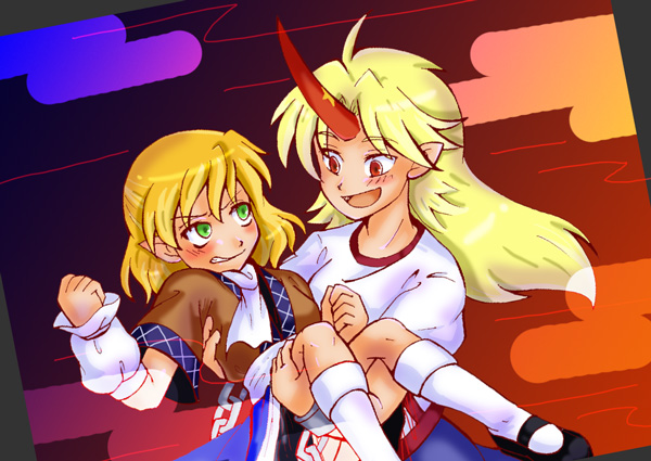 monjyu, hoshiguma yuugi, mizuhashi parsee, touhou, 2girls, arm warmers, blonde hair, female focus, green eyes, horns, kneehighs, long hair, multiple girls, pointy ears, red eyes, scarf, short hair, single horn, socks, thighhighs