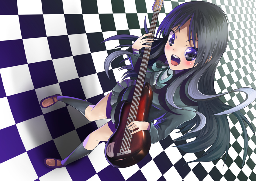 hokuto (hokuto pk), akiyama mio, k-on!, bad id, bad pixiv id, 00s, 1girl, black eyes, black hair, female focus, guitar, instrument, long hair, open mouth, round teeth, school uniform, solo, teeth