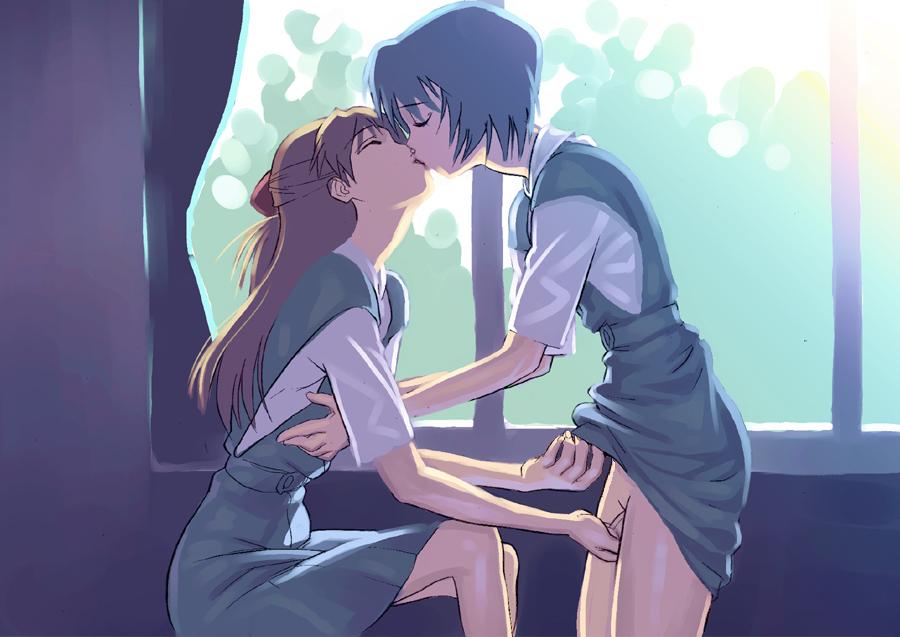 ayanami rei, souryuu asuka langley, neon genesis evangelion, artist request, jpeg artifacts, third-party edit, 2girls, blue hair, closed eyes, clothes lift, couple, fingering, grabbing another's breast, groping, hair ornament, kiss, long hair, multiple girls, no panties, red hair, school uniform, short hair, skirt, skirt lift, window, yuri