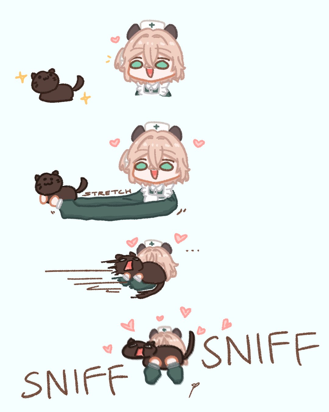 sappysque, nimi nightmare, nimi nightmare (1st costume), indie virtual youtuber, highres, 1girl, animal ears, black cat, brown hair, cat, green eyes, heart, huffing, long arms, medium hair, open mouth, side ponytail, smelling, smile, tapir ears, virtual youtuber