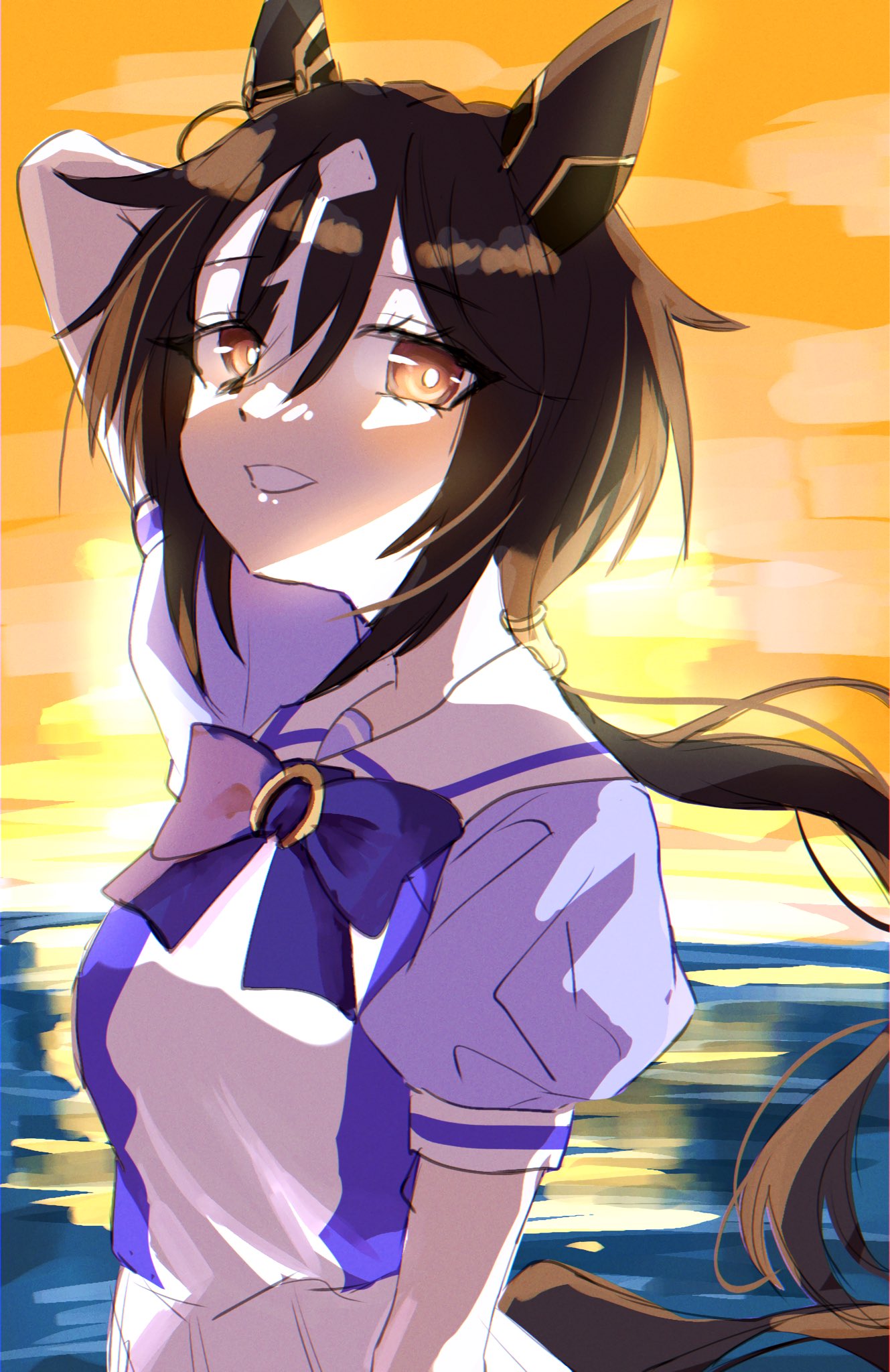 disney o626, stay gold (umamusume), umamusume, highres, 1girl, animal ears, blush, bow, bowtie, brown eyes, brown hair, ear covers, hair between eyes, horse ears, horse girl, horse tail, long hair, looking at viewer, multicolored hair, ocean, open mouth, orange sky, outdoors, ponytail, puffy short sleeves, puffy sleeves, purple bow, purple bowtie, purple shirt, sailor collar, sailor shirt, school uniform, shirt, short sleeves, skirt, sky, smile, solo, streaked hair, sunset, tail, teeth, tracen school uniform, water, white hair, white sailor collar, white skirt