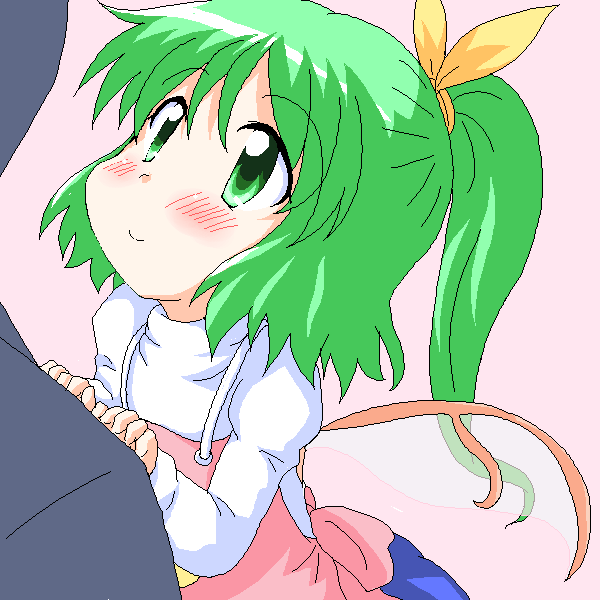 geetsu, daiyousei, embodiment of scarlet devil, touhou, 1girl, 1other, apron, blush, female focus, green eyes, green hair, hair ribbon, ribbon, smile, solo, wings