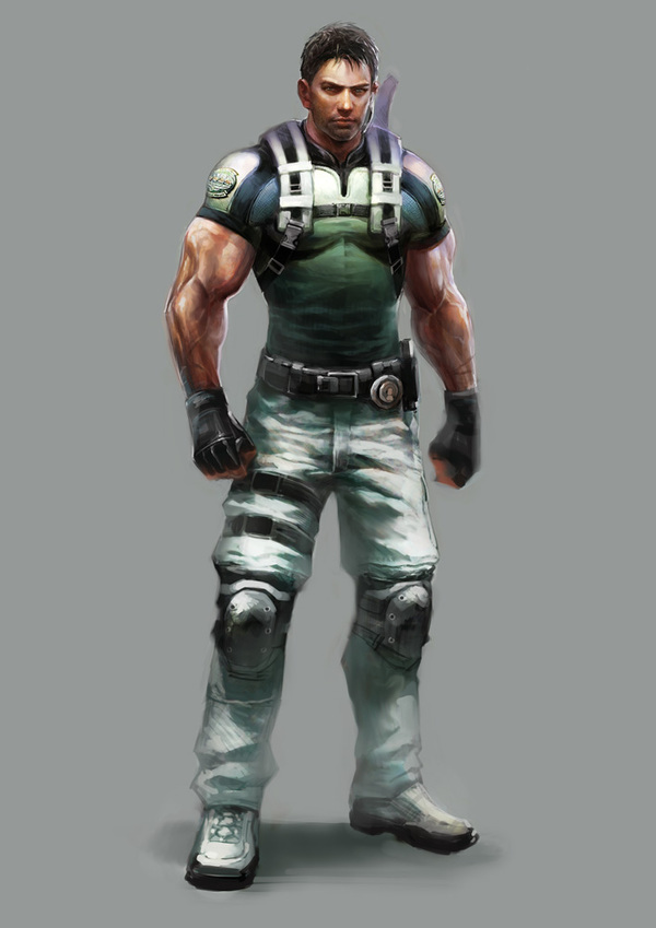 chris redfield, capcom, resident evil, resident evil 5, 1boy, boots, clenched hands, full body, gloves, gradient background, grey background, knee pads, machete, male focus, muscular, sheath, sheathed, short hair, solo, standing