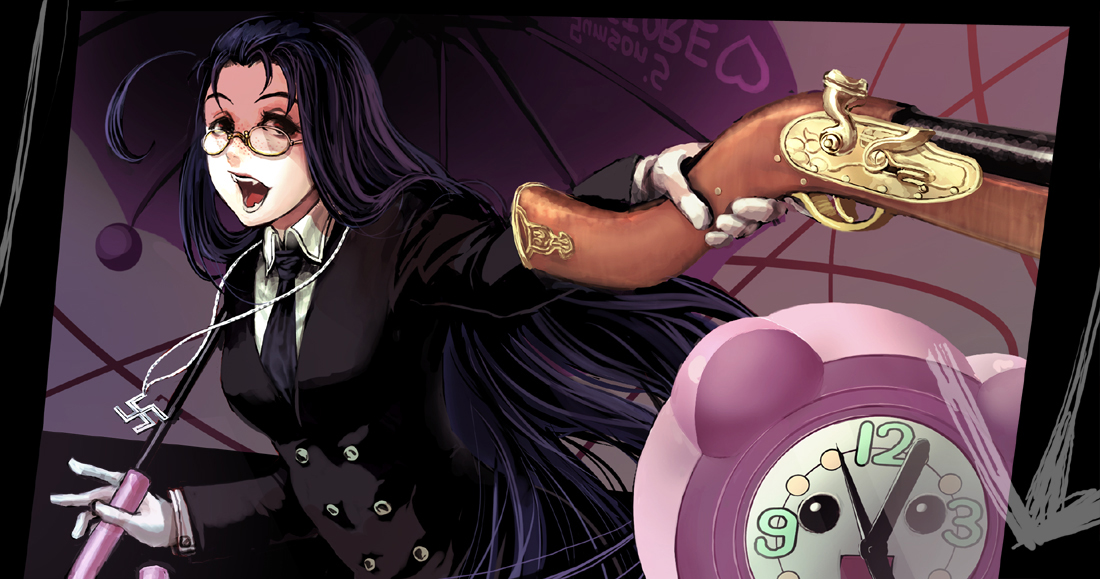 minoo, rip van winkle (hellsing), hellsing, 1girl, ahoge, alarm clock, black hair, clock, fangs, female focus, formal clothes, freckles, glasses, gloves, gun, jewelry, long hair, nazi, necklace, necktie, open mouth, red eyes, solo, suit, swastika, umbrella, vampire, very long hair, weapon