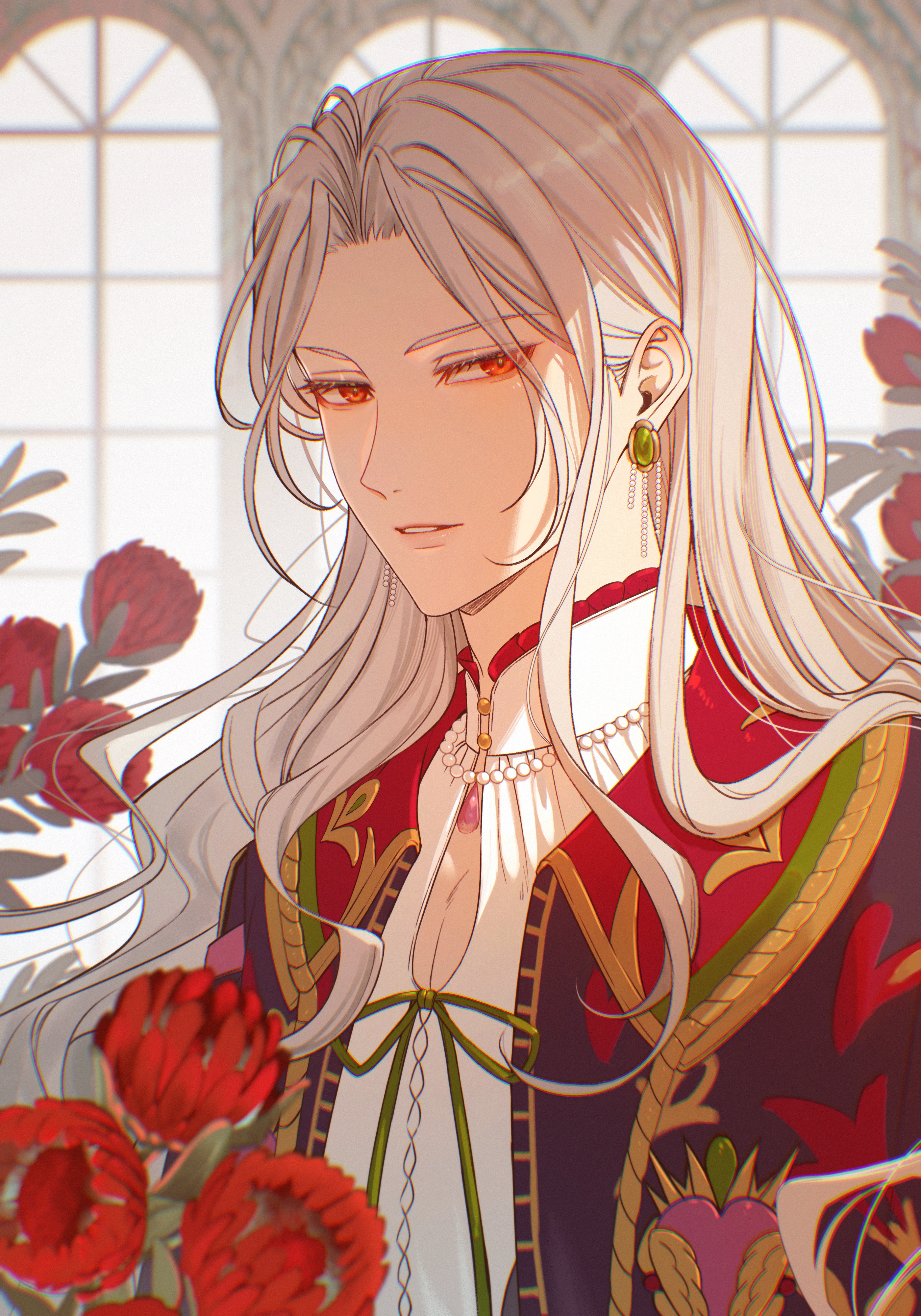 ran nagisa, ensemble stars!, absurdres, hashtag-only commentary, highres, 1boy, bead necklace, beads, earrings, flower, grey hair, jewelry, long hair, male focus, mythos (ensemble stars!), necklace, official alternate costume, parted lips, red eyes, red flower, sideways glance, solo, upper body, window, yuko (chiyuyaku)