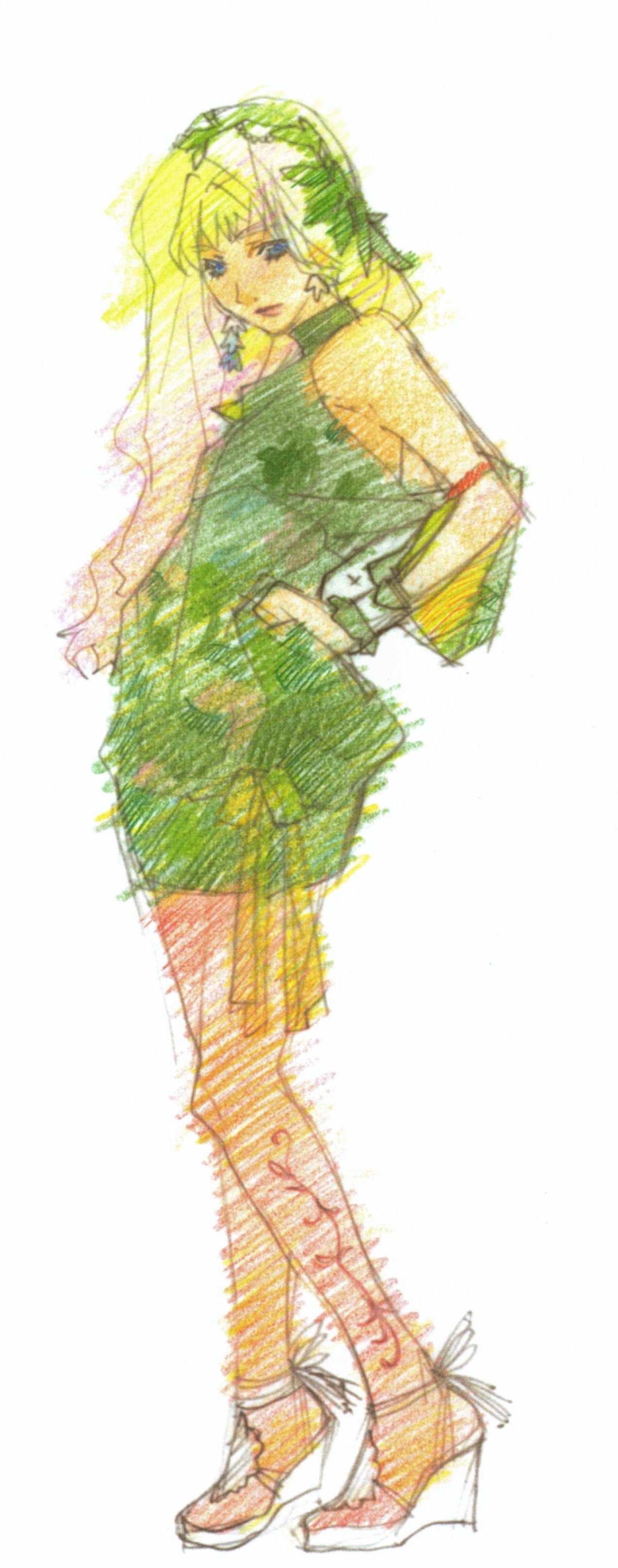 ebata risa, sheryl nome, macross, macross frontier, absurdres, highres, 00s, 1girl, bare shoulders, dress, female focus, full body, green dress, hand on own hip, high heels, looking at viewer, simple background, sleeveless, sleeveless dress, solo, standing, white background