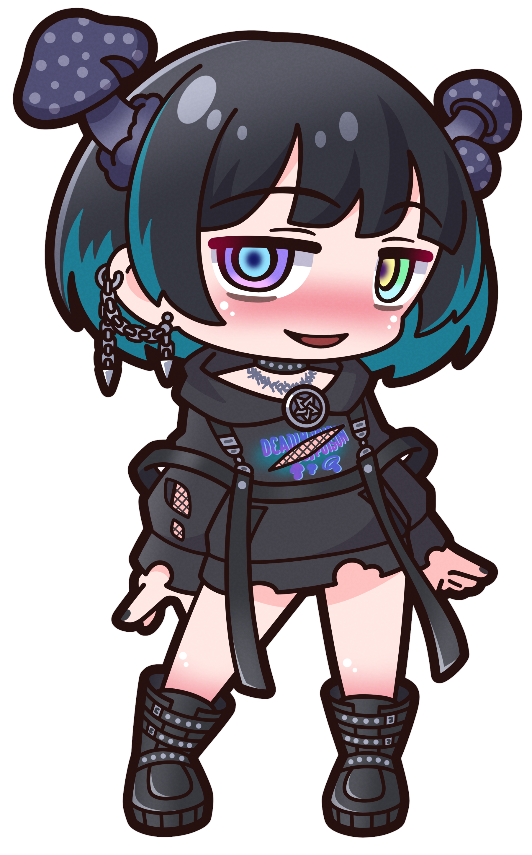 saishosaisekojo, kinokoma tango, indie virtual youtuber, absurdres, highres, 1girl, :d, black boots, black hair, black hoodie, blue eyes, blue hair, blush, boots, chibi, full body, green eyes, heterochromia, hood, hood down, hoodie, long sleeves, looking at viewer, multicolored hair, mushroom, open mouth, puffy long sleeves, puffy sleeves, purple eyes, simple background, smile, solo, standing, torn clothes, torn hoodie, two-tone hair, virtual youtuber, white background, yellow eyes