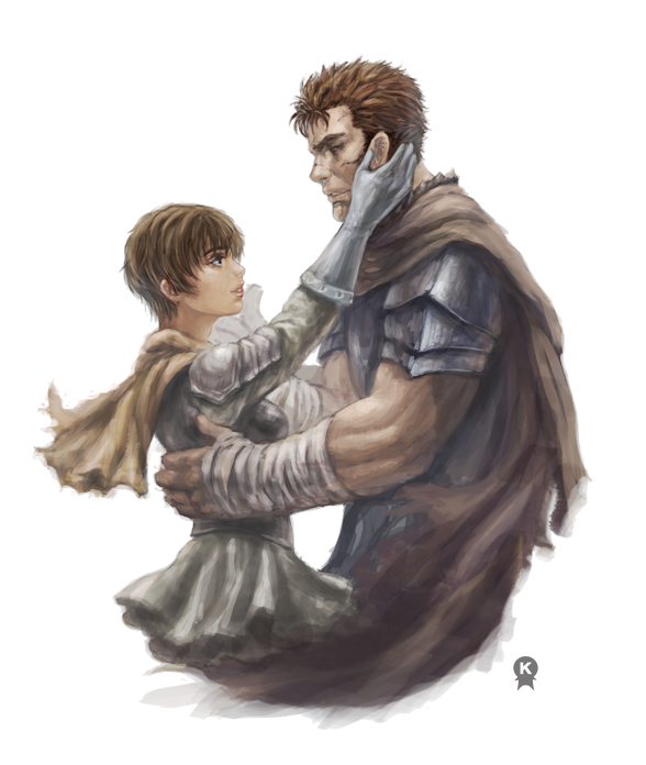 fundoshi (tofupoid), casca (berserk), guts (berserk), berserk, 1990s (style), 1boy, 1girl, armor, bandaged arm, bandages, cape, couple, cowboy shot, dark skin, from side, gloves, hetero, hug, manly, pauldrons, retro artstyle, short hair, shoulder armor, simple background, standing, white background