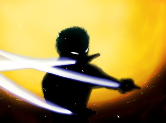 roronoa zoro, one piece, 1boy, glowing, glowing eyes, male focus, silhouette, solo, sword, triple wielding, weapon