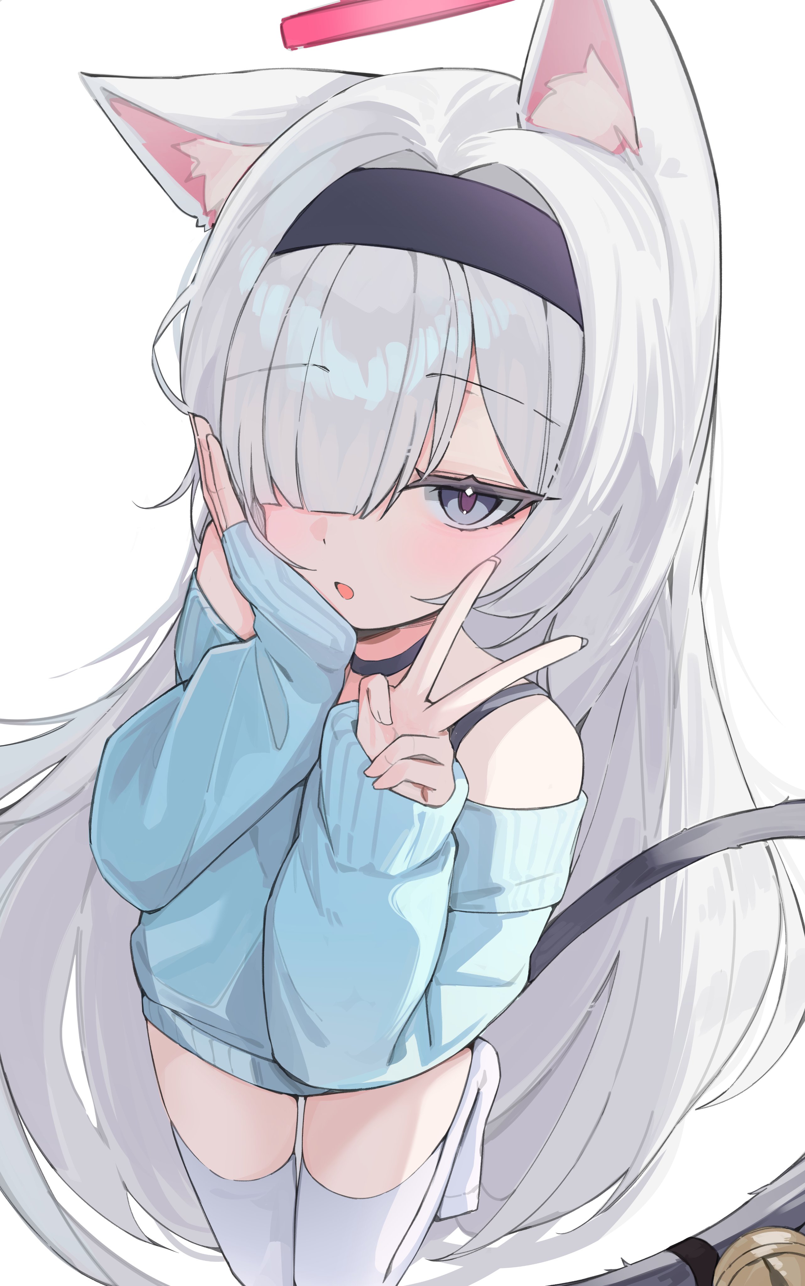 ximgyeon, plana (blue archive), blue archive, absurdres, highres, 1girl, animal ears, blue eyes, from above, halo, long hair, open mouth, pink halo, simple background, solo, v, very long hair, white background, white hair