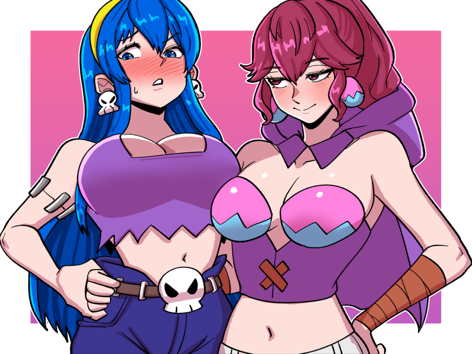 mnejing30, anna (fire emblem), caeda (fire emblem), rottytops, sky (shantae), fire emblem, fire emblem heroes, nintendo, shantae (series), highres, 2girls, alternate breast size (larger), blue eyes, blue hair, breasts, cosplay, large breasts, multiple girls, red hair, rottytops (cosplay)