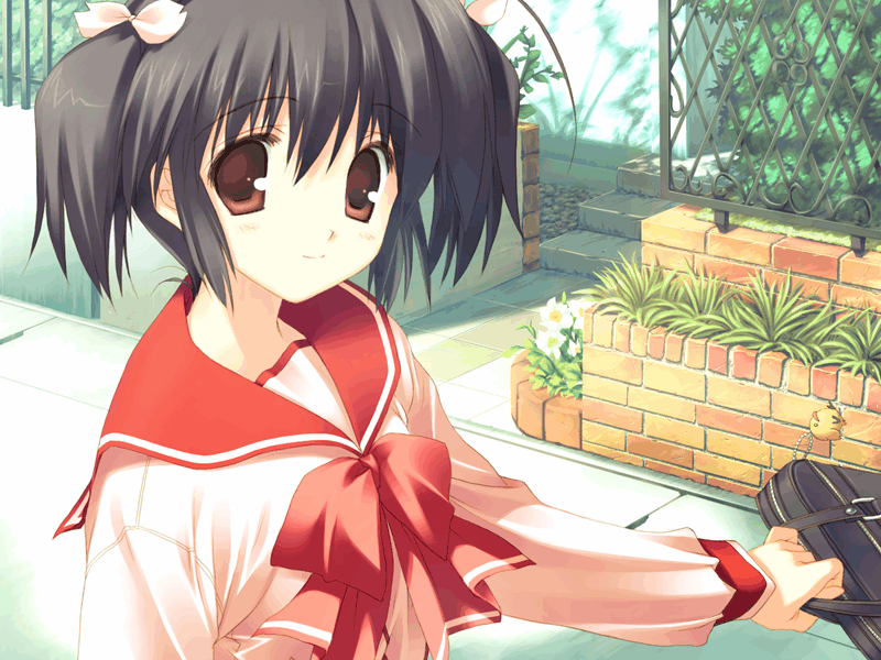 mitsumi misato, yuzuhara konomi, to heart (series), to heart 2, game cg, 00s, 1girl, blouse, bow, bowtie, brown eyes, brown hair, female focus, outdoors, red bow, red bowtie, school uniform, serafuku, shirt, solo, twintails, white shirt