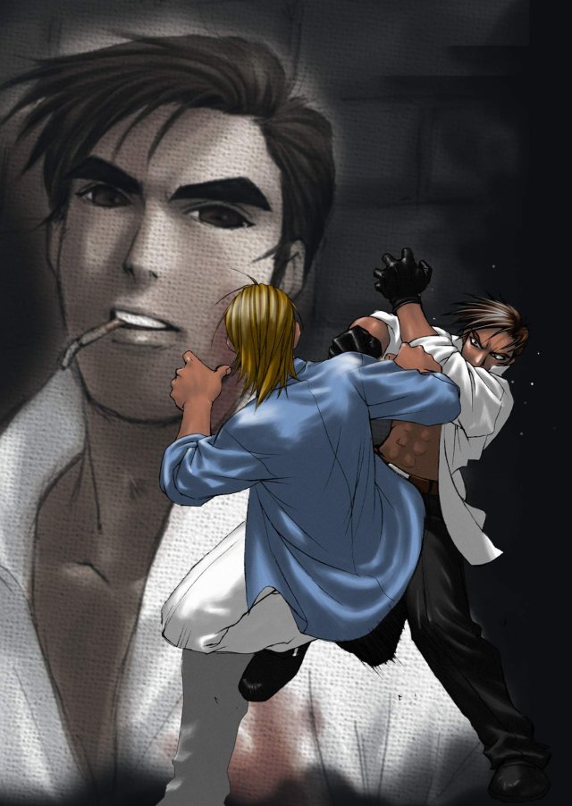 archived source, official art, 3boys, abs, belt, belt buckle, black belt, black gloves, black pants, black shoes, blonde hair, blue shirt, blue sleeves, buckle, cigarette, collared shirt, dress, dress pants, dress shirt, fighting, fingernails, gloves, high collar, leather, leather gloves, medium hair, multiple boys, myth of ambition, open clothes, open mind world, open shirt, pants, popped collar, shirt, shoes, short hair, teeth, thick eyebrows, upper teeth only, white dress, white pants