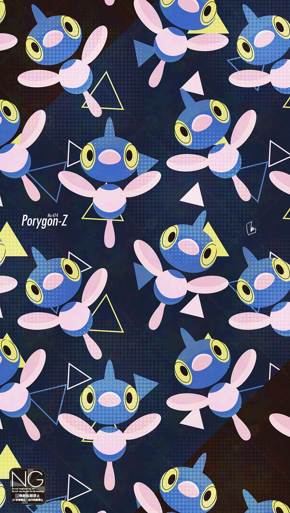 meme (sleepsheep), porygon-z, nintendo, pokemon, highres, alternate color, beak, gen 4 pokemon, horns, looking at viewer, no humans, pokemon (creature), pokemon focus, shiny pokemon, single horn, triangle, yellow eyes