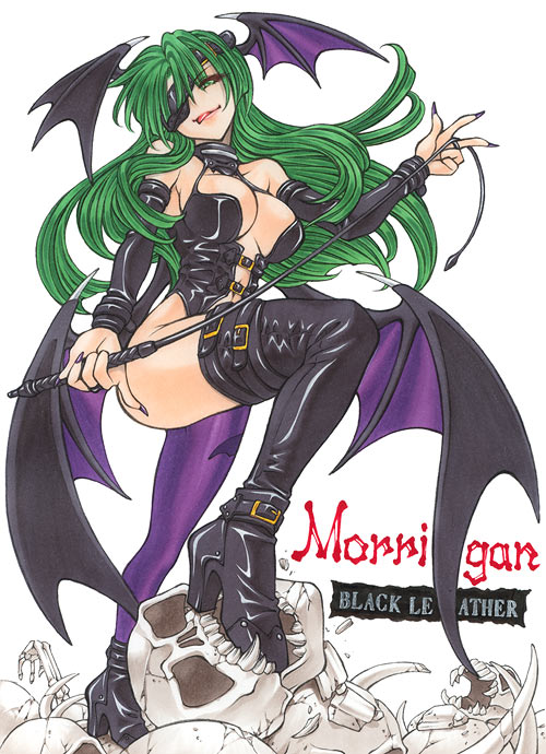 bibyo, morrigan aensland, capcom, darkstalkers, print legwear, 1girl, animal print, bare shoulders, bat print, bat wings, bone, boots, breasts, buckle, collar, demon girl, detached sleeves, dominatrix, elbow gloves, eyepatch, female focus, fingernails, gloves, green eyes, green hair, head wings, high heels, large breasts, leather, long fingernails, matching hair/eyes, nail (hardware), pantyhose, shoes, skull, solo, thigh boots, thighhighs, tongue, whip, wings
