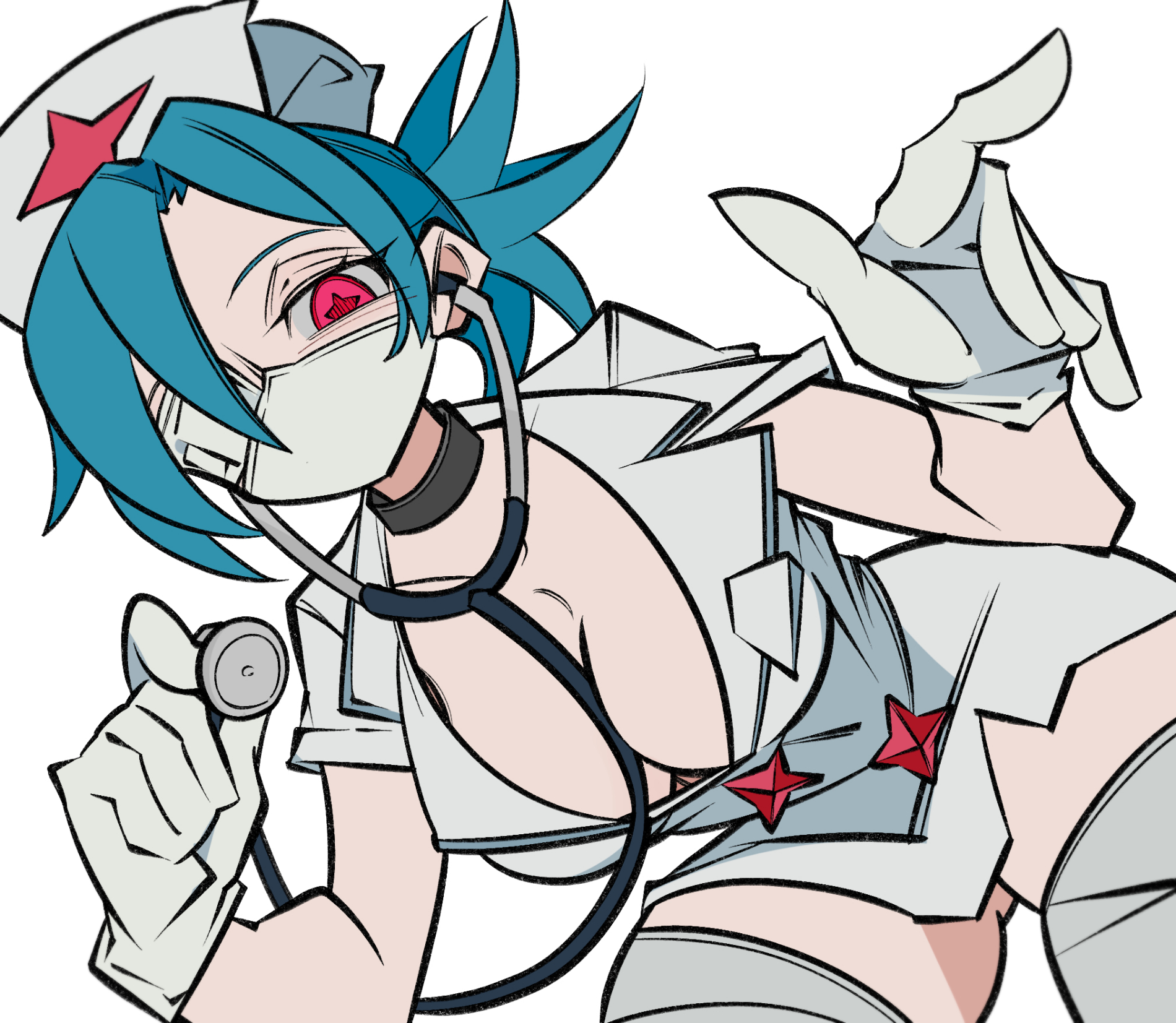 cxdotchison, valentine (skullgirls), skullgirls, 1girl, blue hair, breasts, choker, cleavage, eyepatch, from below, gloves, hair over one eye, hat, large breasts, latex, latex gloves, leaning forward, leg wrap, looking at viewer, mask, mouth mask, nurse cap, ponytail, pov, red eyes, solo, stethoscope, white background