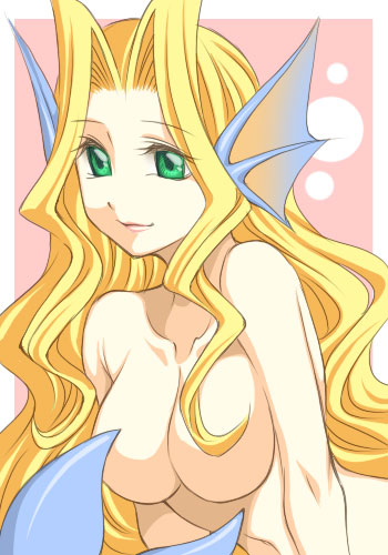 bibyo, rikuo (darkstalkers), capcom, darkstalkers, lowres, 1girl, blonde hair, brazil, breasts, censored, cleavage, completely nude, convenient censoring, female focus, fins, fish tail, genderswap, genderswap (mtf), green eyes, hair censor, hair intakes, hair over breasts, head fins, large breasts, light smile, long hair, mermaid, midnight bliss, monster girl, nude, solo, solo focus, tail, upper body, very long hair, wavy hair