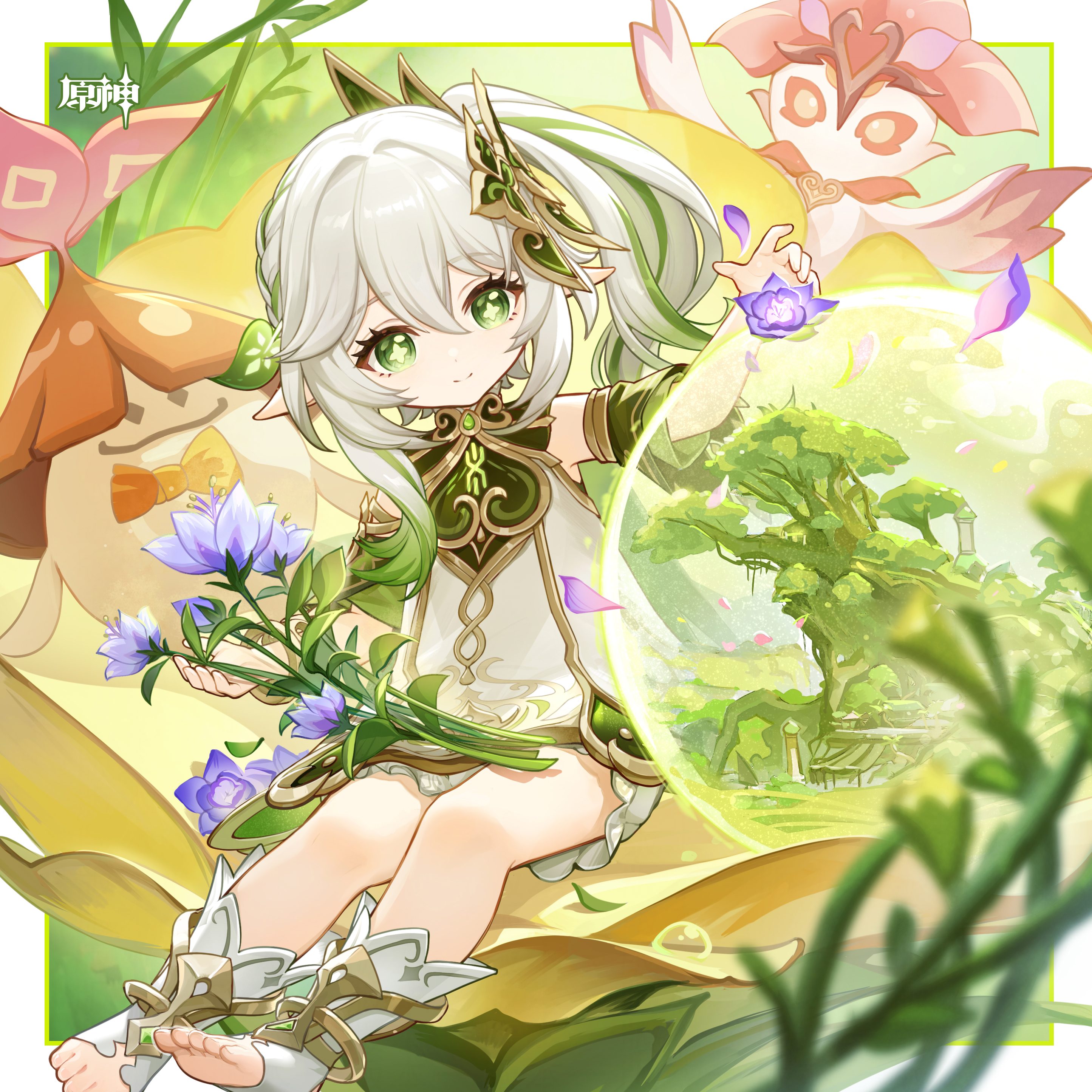 nahida (genshin impact), genshin impact, absurdres, chinese commentary, commentary request, highres, official art, 1girl, bare shoulders, detached sleeves, dress, flower, gold trim, gradient hair, green eyes, green hair, green sleeves, hair between eyes, hair ornament, leaf hair ornament, long hair, looking at viewer, multicolored hair, petals, pointy ears, purple flower, side ponytail, sitting, sleeveless, sleeveless dress, smile, solo, symbol-shaped pupils, white dress, white hair
